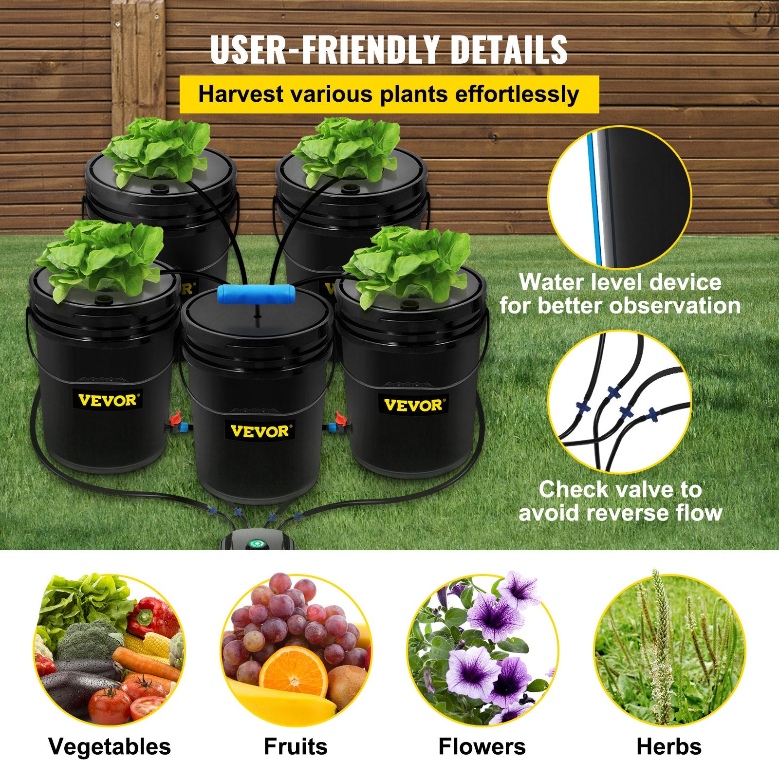DWC Hydroponic System 5 Gallon 5 Buckets Grow Kit Pump Air Stone