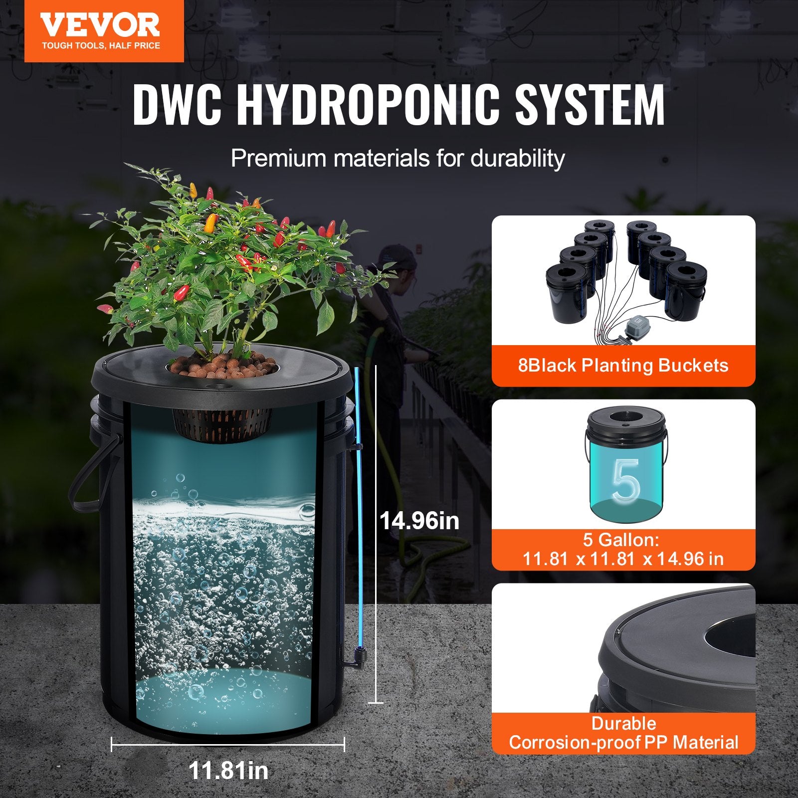 DWC Hydroponic Grow System 5-Gallon 8 Buckets Deep Water Culture Air Pump