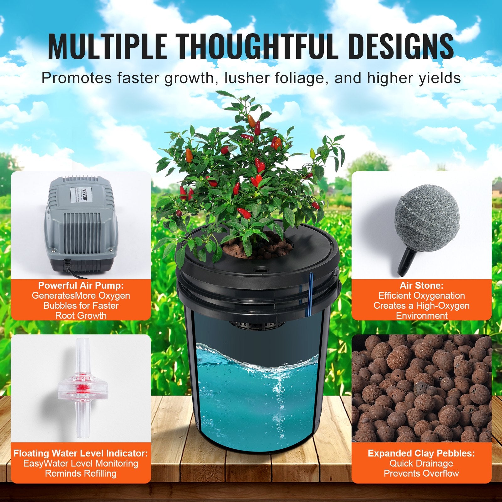 DWC Hydroponic Grow System 5-Gallon 8 Buckets Deep Water Culture Air Pump
