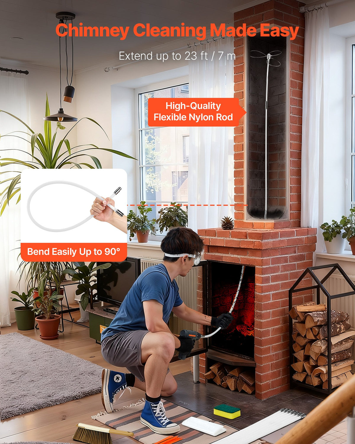 Chimney Sweep Kit 7m Extendable Brush Dual Heads Goggles Fireplace Cleaning