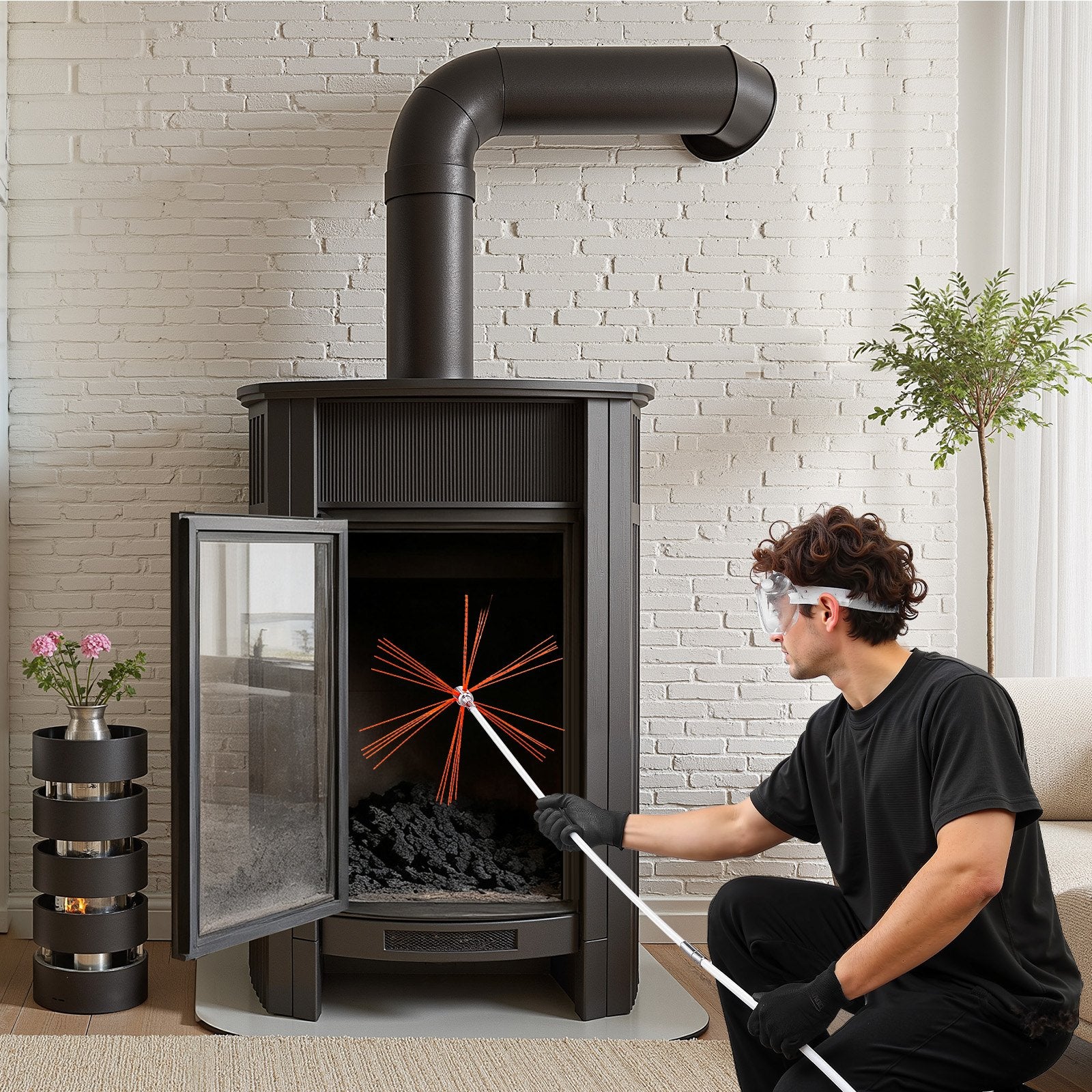 Chimney Sweep Kit 7m Extendable Brush Dual Heads Goggles Fireplace Cleaning