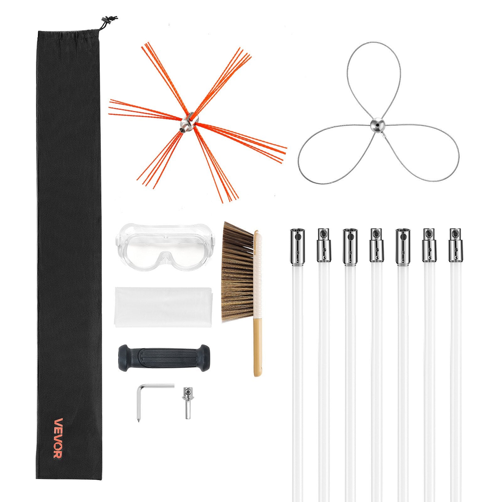 Chimney Sweep Kit 7m Extendable Brush Dual Heads Goggles Fireplace Cleaning