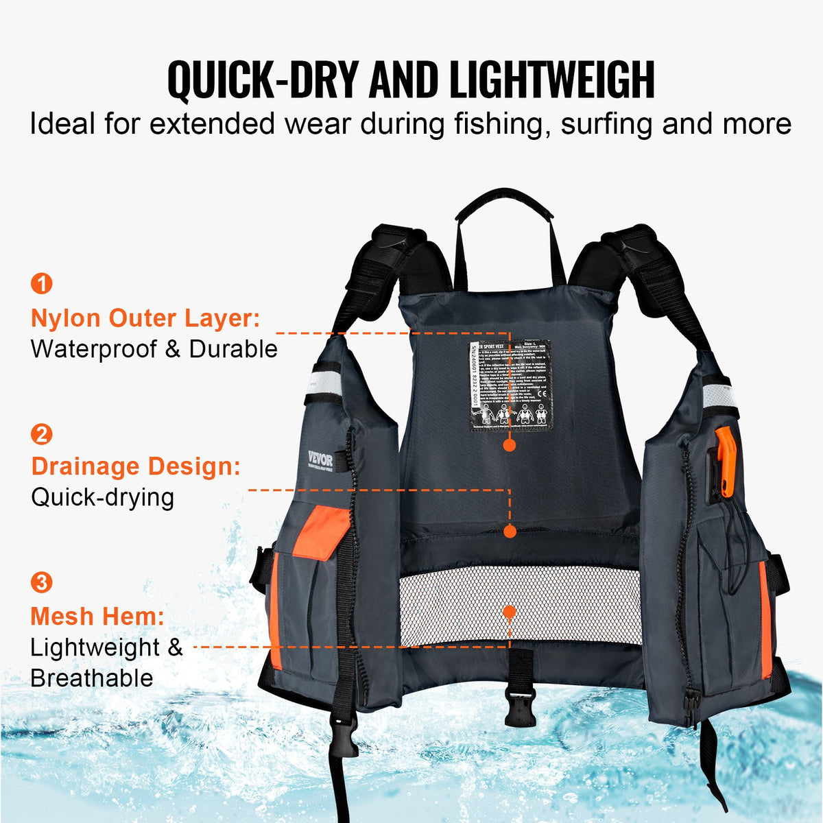 Life Vest for Watersports 96N Buoyancy Jacket with Waterproof Nylon, Men & Women