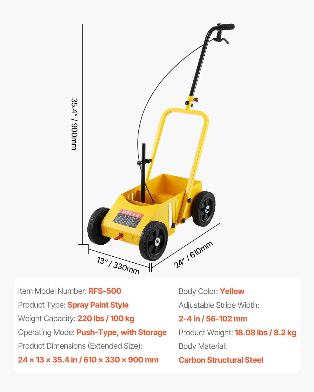 Striping Line Marking Machine 610x330x900mm, 4-Wheel, Heavy Duty, Yellow