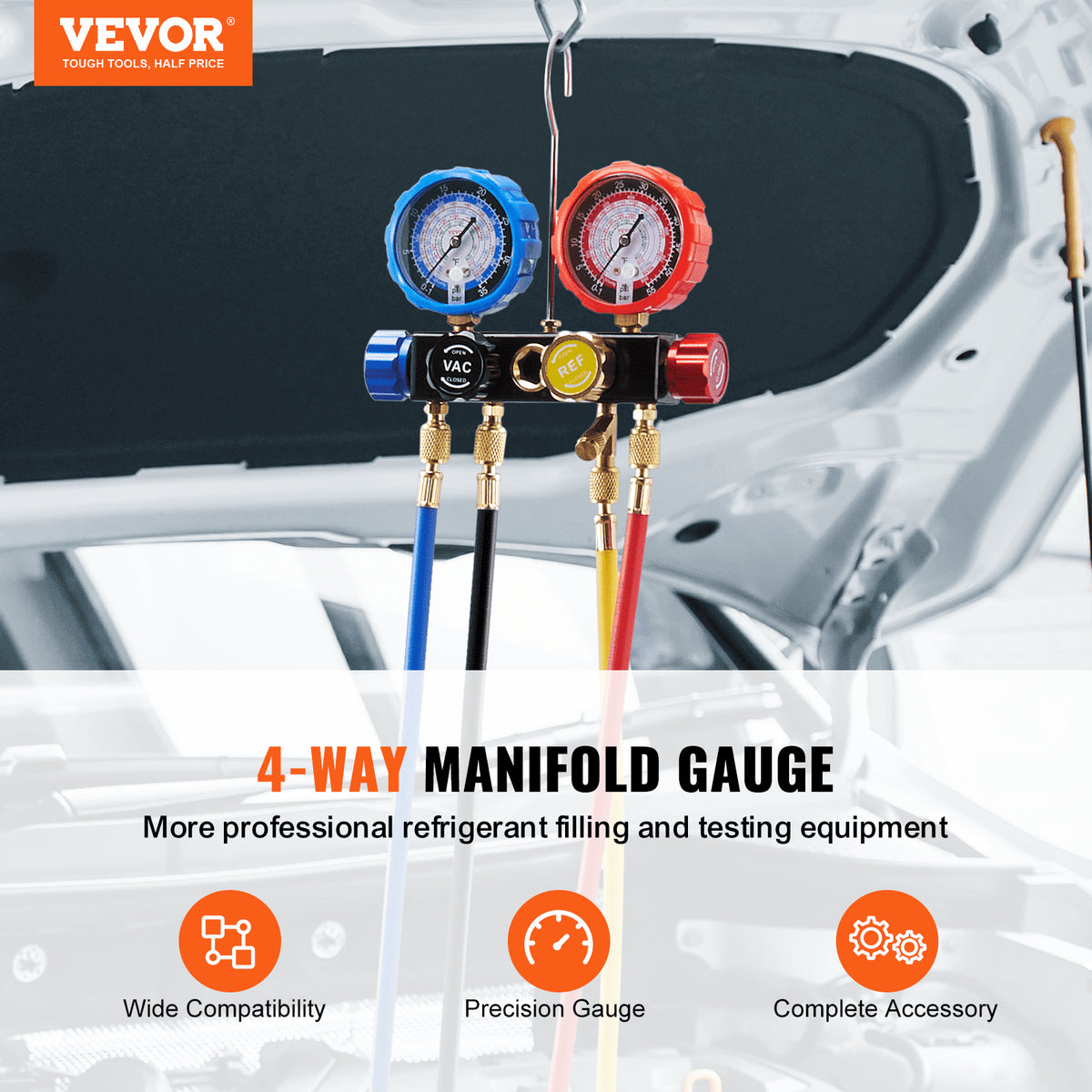 4-Way AC Manifold Gauge Kit for Car Freon Charging & Evacuation with Hoses
