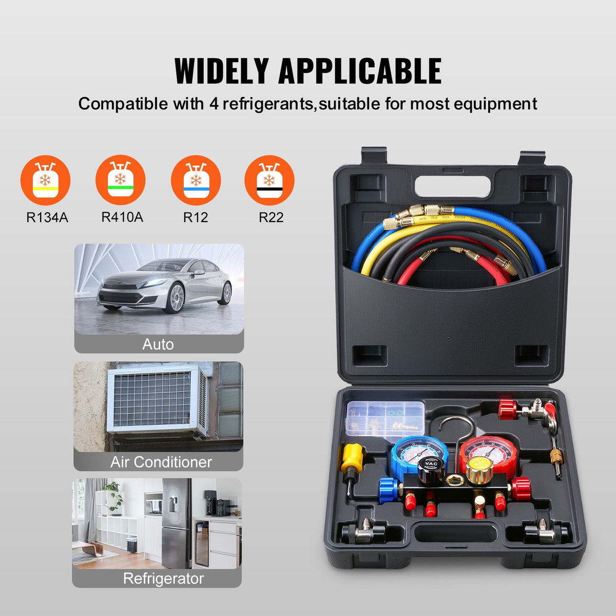4-Way AC Manifold Gauge Kit for Car Freon Charging & Evacuation with Hoses