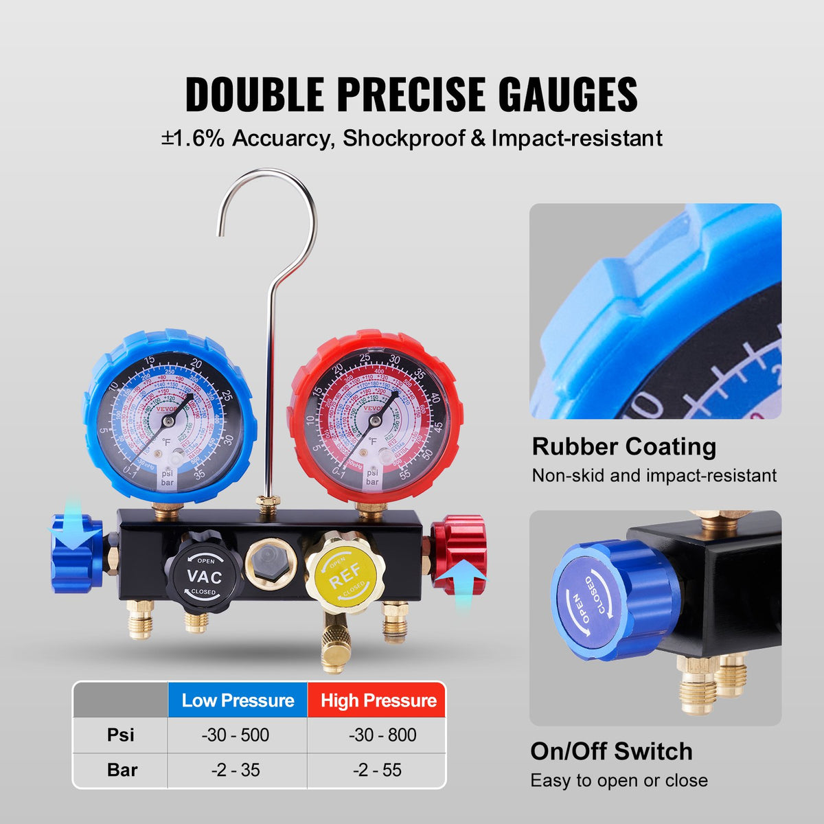 4-Way AC Manifold Gauge Kit for Car Freon Charging & Evacuation with Hoses
