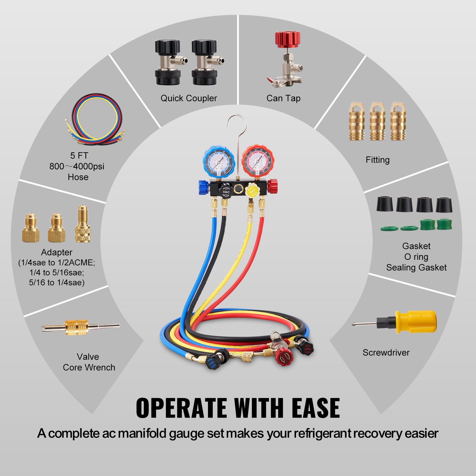 4-Way AC Manifold Gauge Kit for Car Freon Charging & Evacuation with Hoses