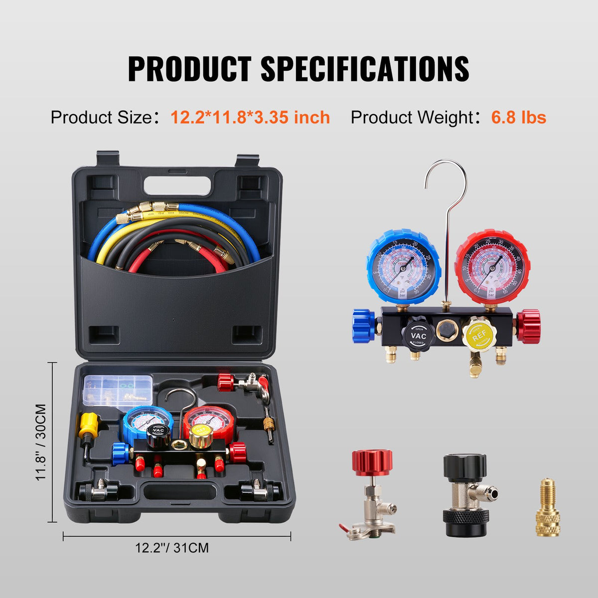 4-Way AC Manifold Gauge Kit for Car Freon Charging & Evacuation with Hoses