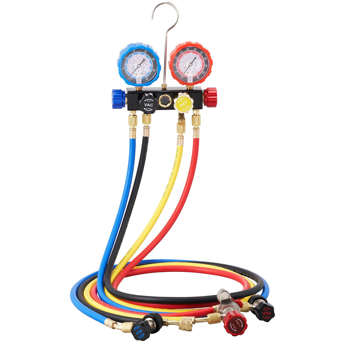4-Way AC Manifold Gauge Kit for Car Freon Charging & Evacuation with Hoses