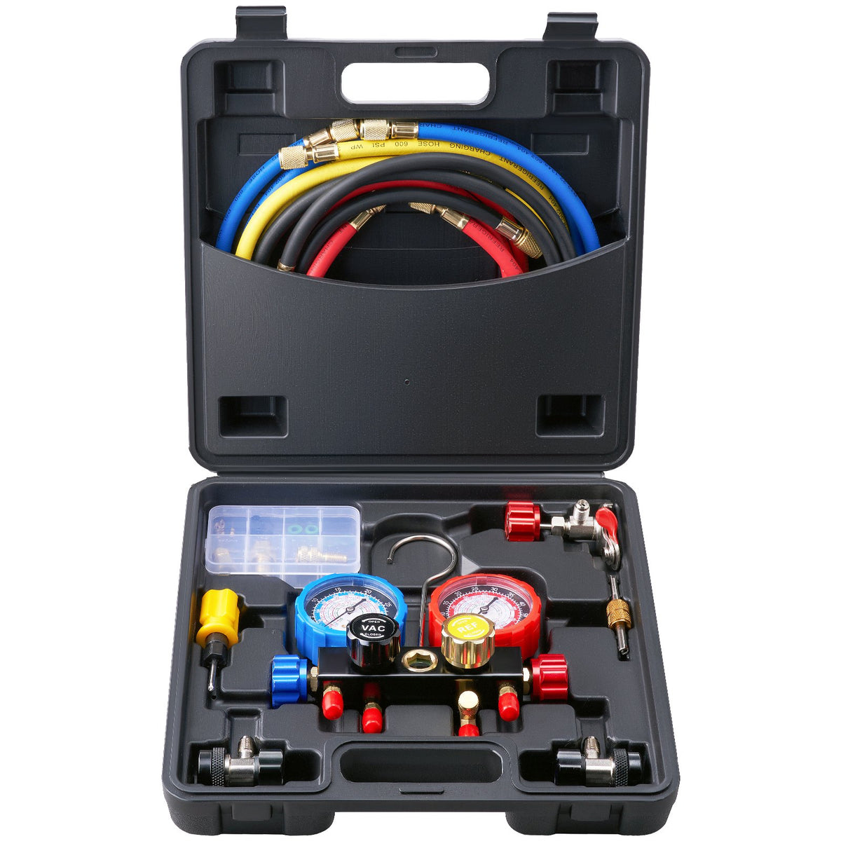 4-Way AC Manifold Gauge Kit for Car Freon Charging & Evacuation with Hoses