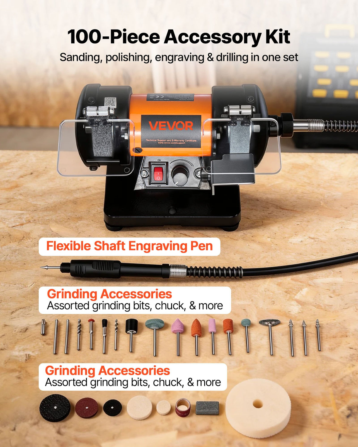 Adjustable Speed Bench Buffer Polisher with Wheels and 100Pcs Accessory Kit