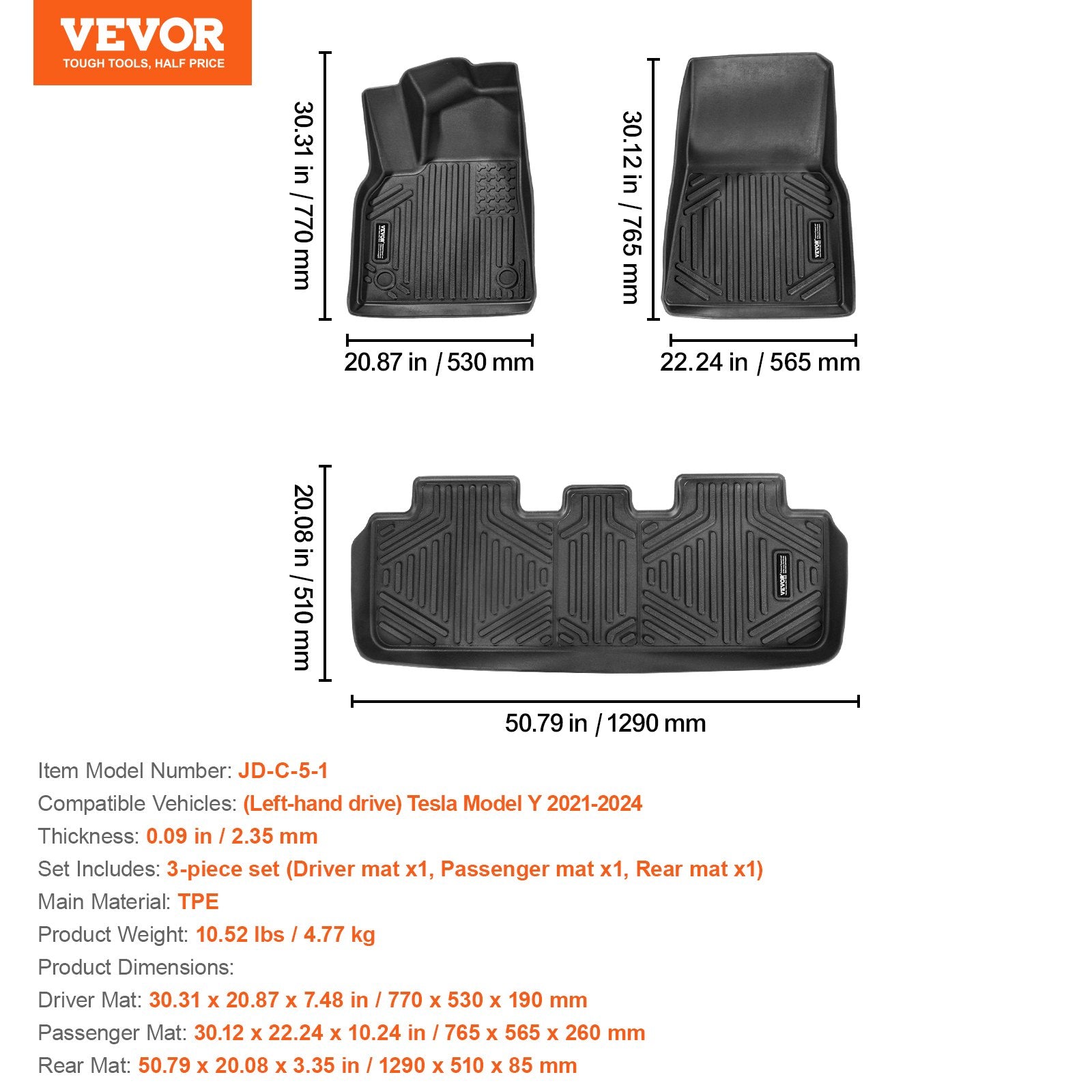3 Front and 2nd Row Liners All-Weather TPE Floor Mats for Tesla