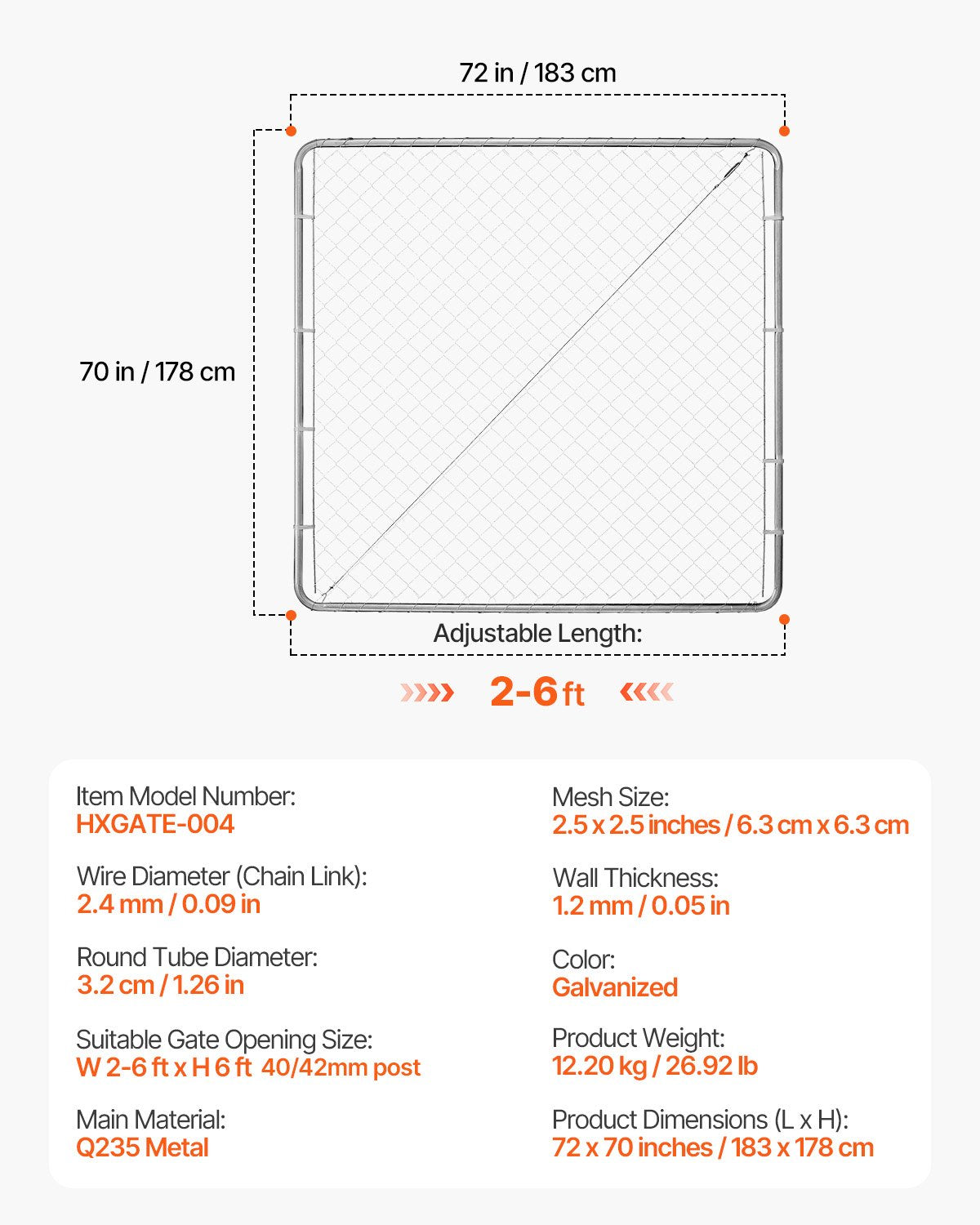 183 x 178cm Chain Link Fence Adjustable Galvanized Garden Gate