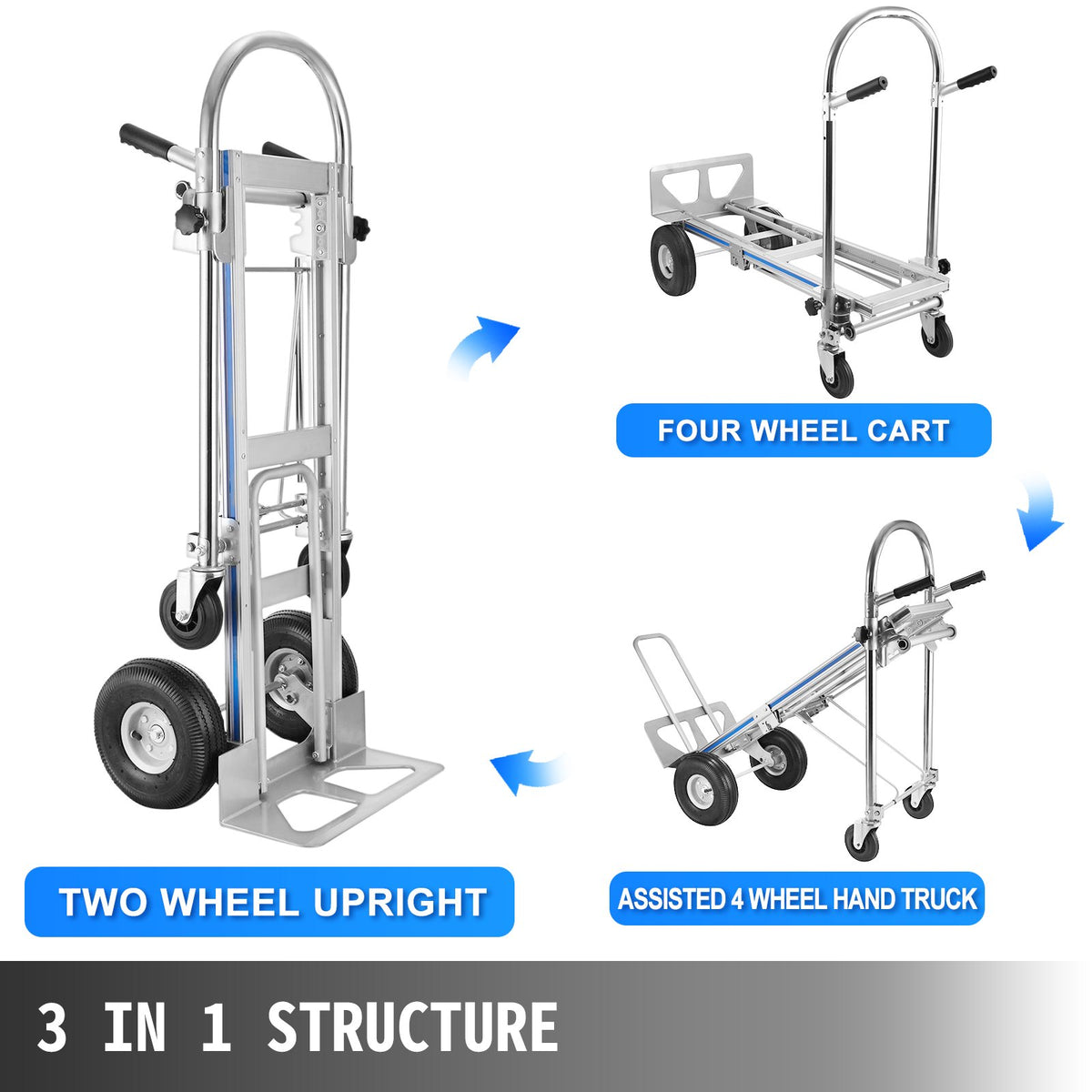 3-in-1 Aluminum Hand Truck 770LBS Folding Utility Cart with 2/4 Flat Free Wheels