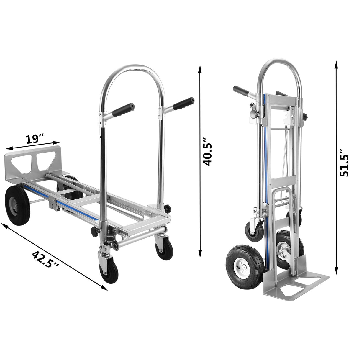 3-in-1 Aluminum Hand Truck 770LBS Folding Utility Cart with 2/4 Flat Free Wheels