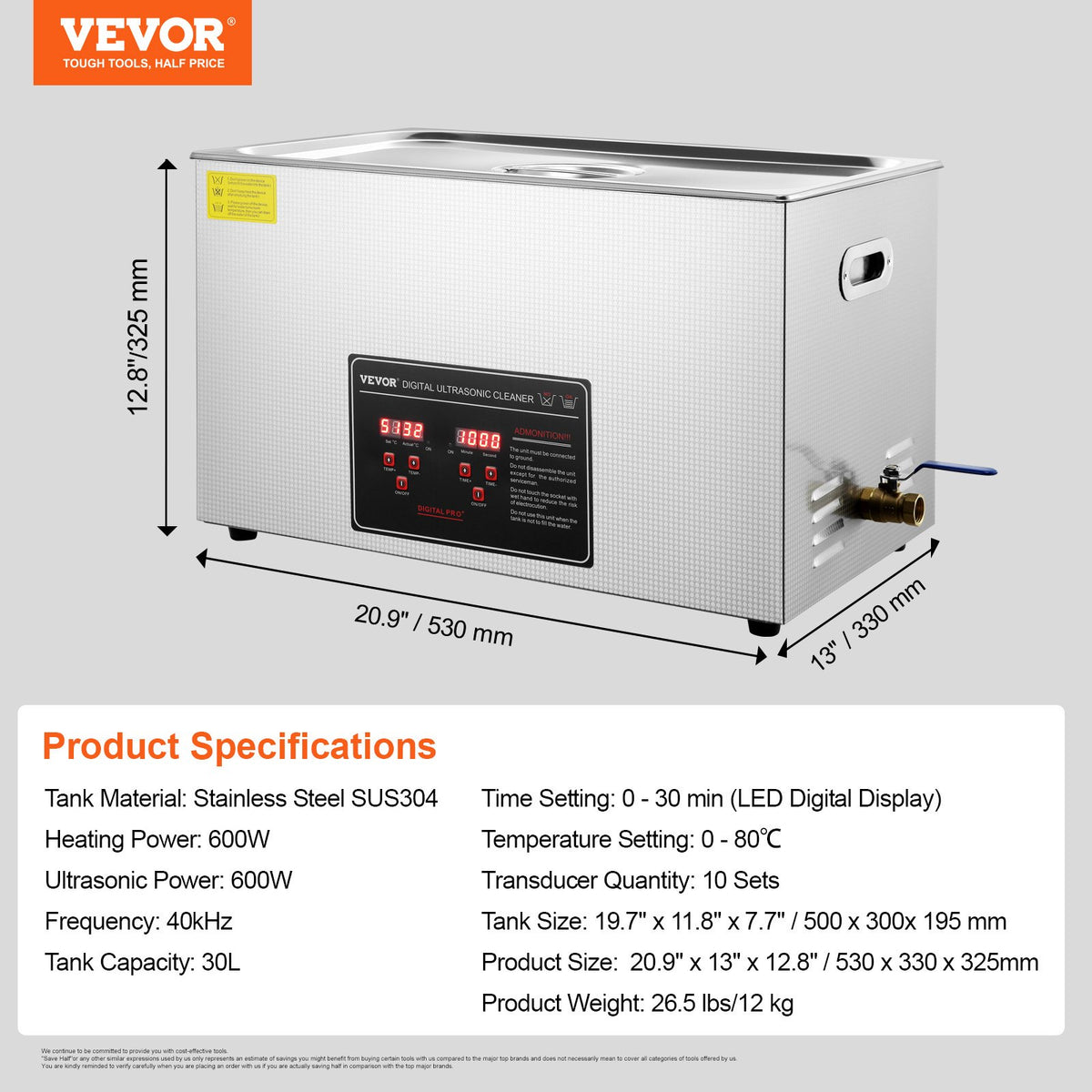 30L Ultrasonic Cleaner Digital Heated Stainless Steel for Jewelry Glasses Parts