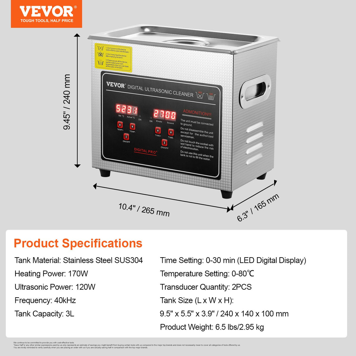 Ultrasonic Cleaner 3L Digital Timer Heater Stainless Steel Jewelry Glasses Watch