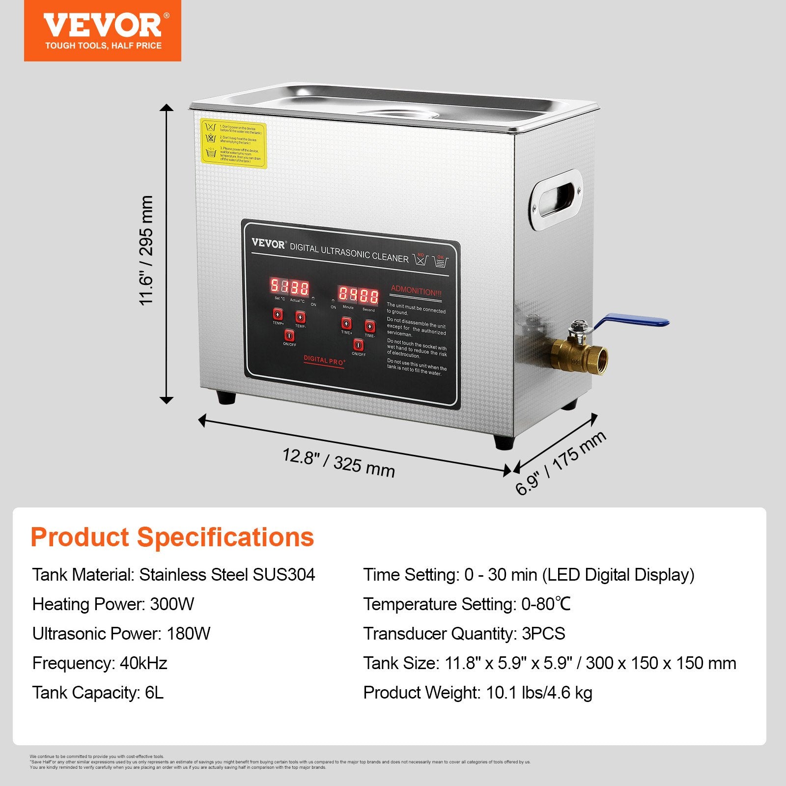 6L Ultrasonic Cleaner with Timer & Heater, Stainless Steel Jewelry & Small Parts Cleaner