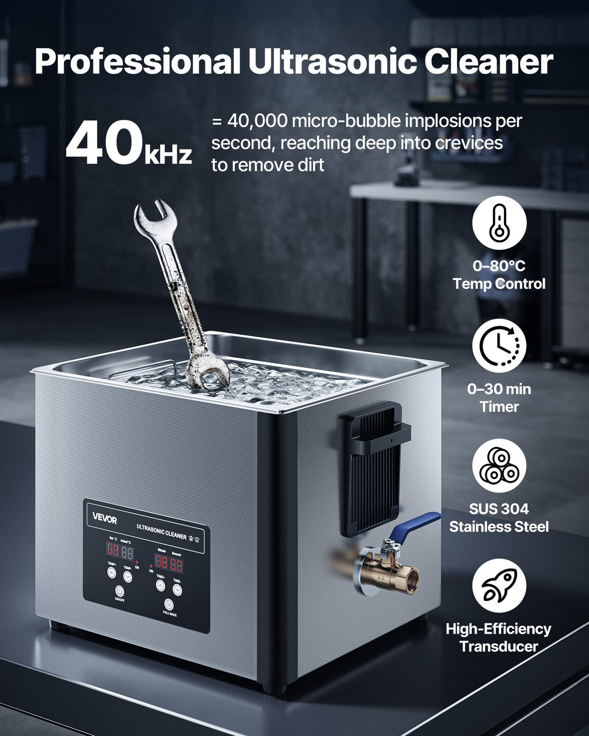 15L Ultrasonic Cleaner 240W 40kHz w/ Digital Display & Cleaning Basket