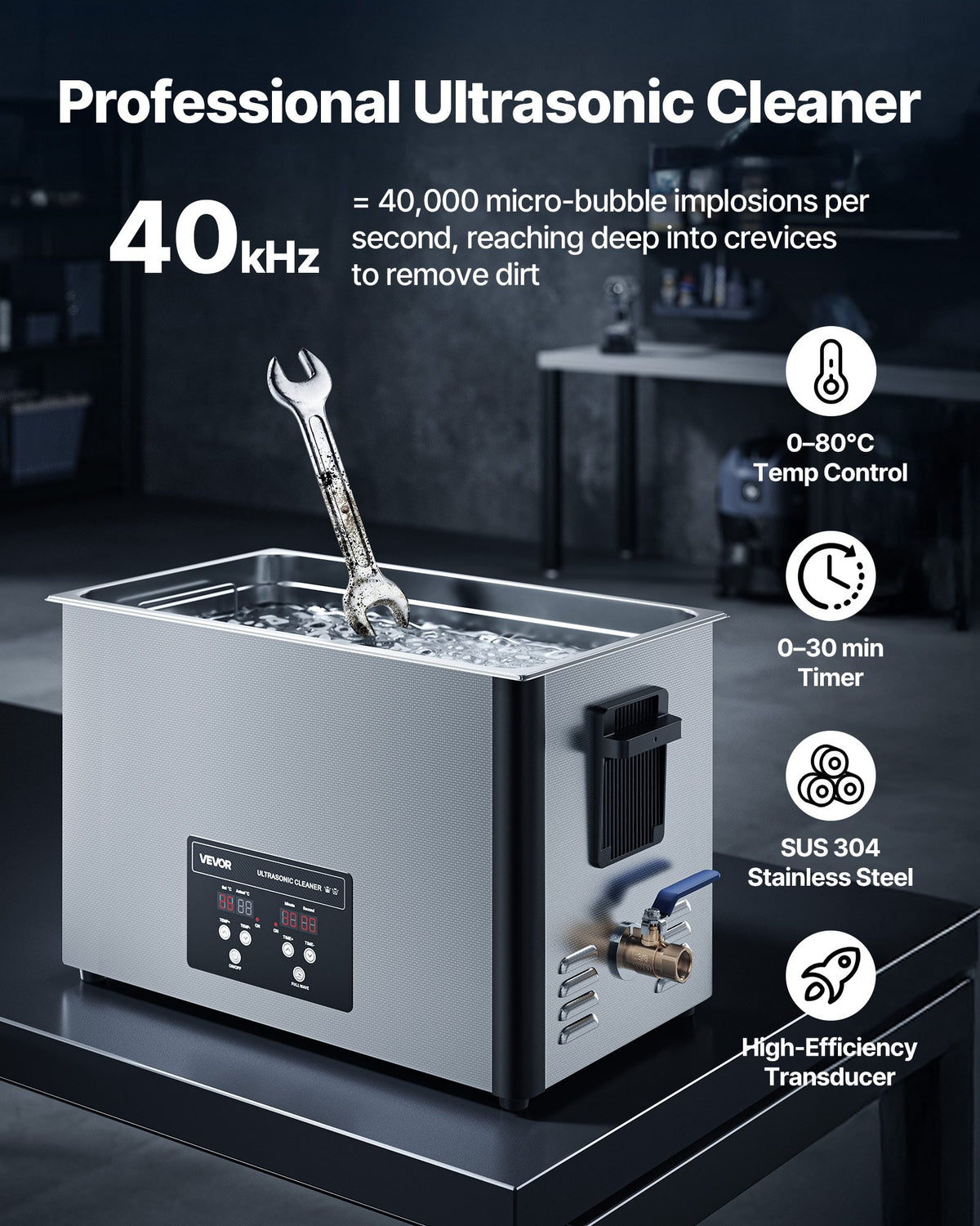 30L Ultrasonic Cleaner 480W 40kHz Stainless Steel Digital Parts Cleaner