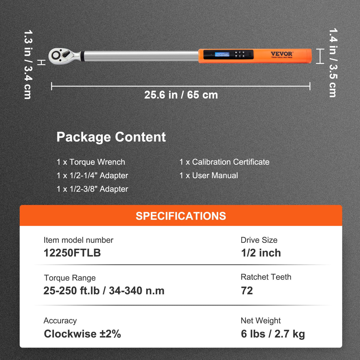 Digital Torque Wrench 1/2" Drive 25-250ft.lb 34-340Nm ±2% LED Buzzer Kit