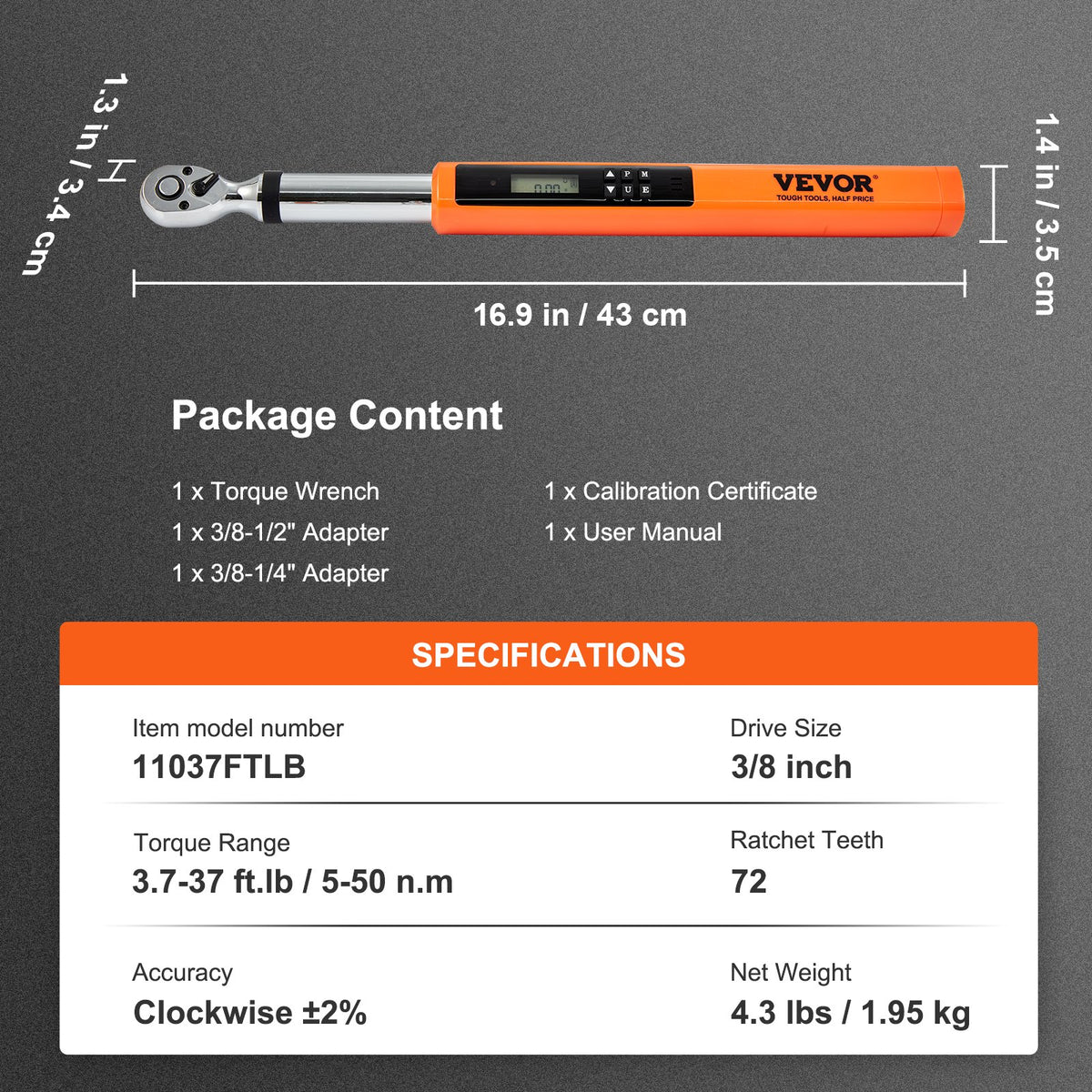 Torque Wrench Kit 3/8 Inch Digital 3.7-37 ft.lb 2% Accuracy 3-Mode LED