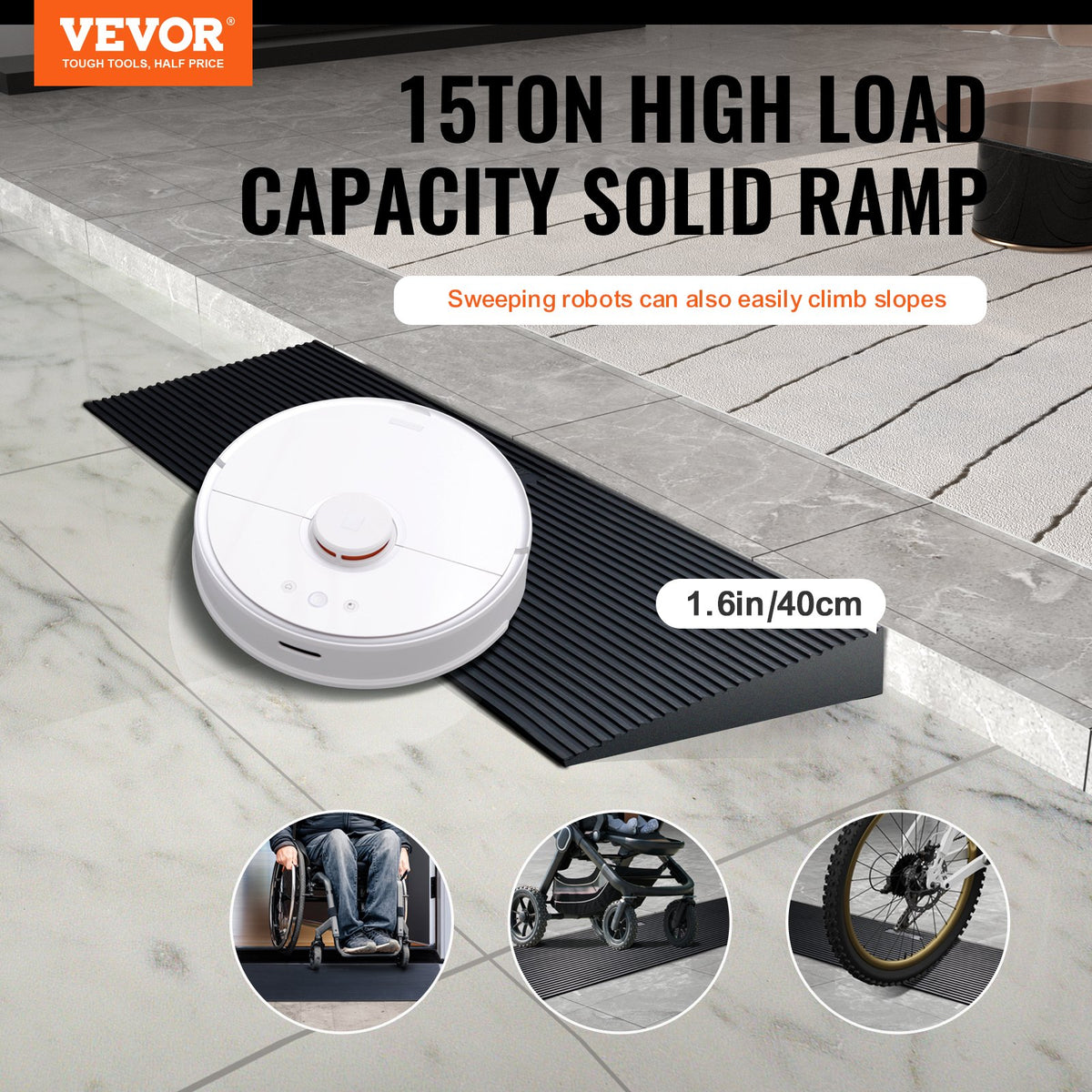 4cm Rise Cuttable Threshold Ramp 90cm Wide NonSlip Rubber with Double-Sided Tape