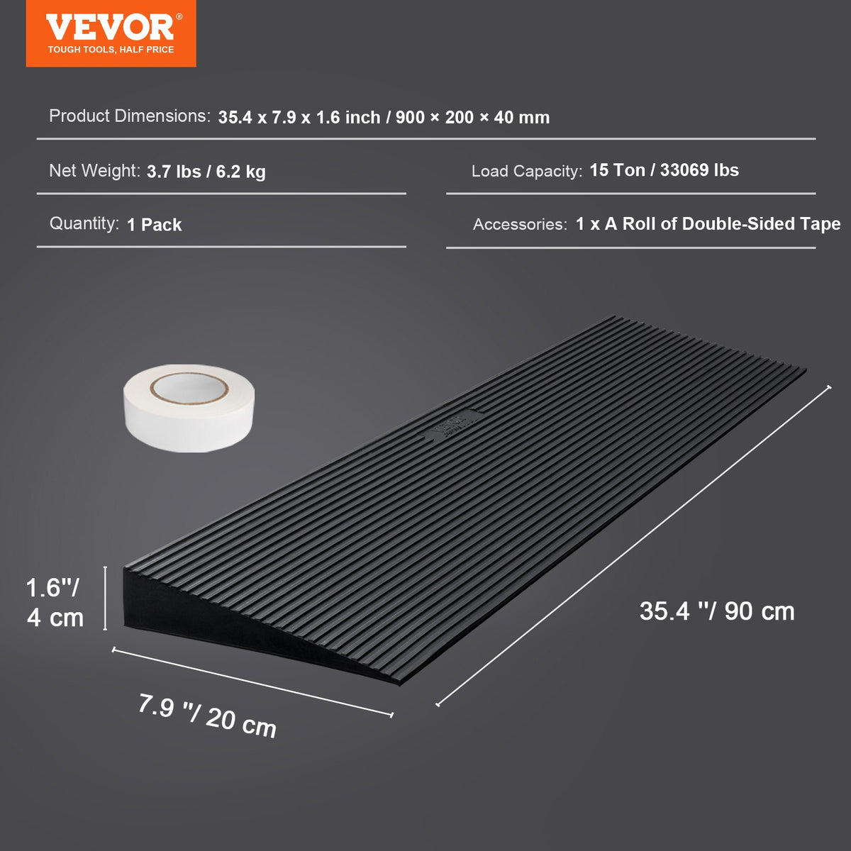 4cm Rise Cuttable Threshold Ramp 90cm Wide NonSlip Rubber with Double-Sided Tape