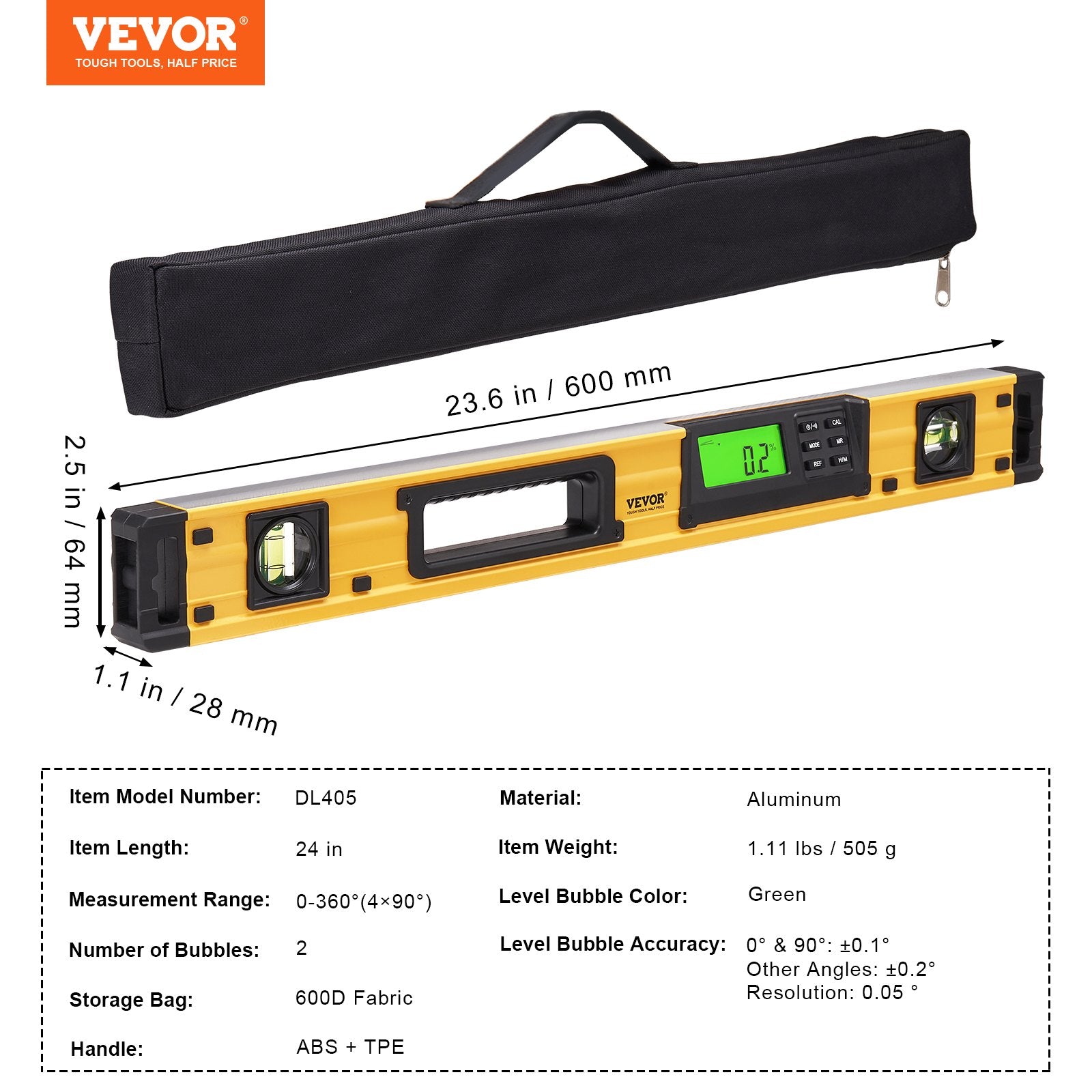 Magnetic Torpedo Level 24 Inch LED Backlit Aluminum Alloy Bubble Vials Window
