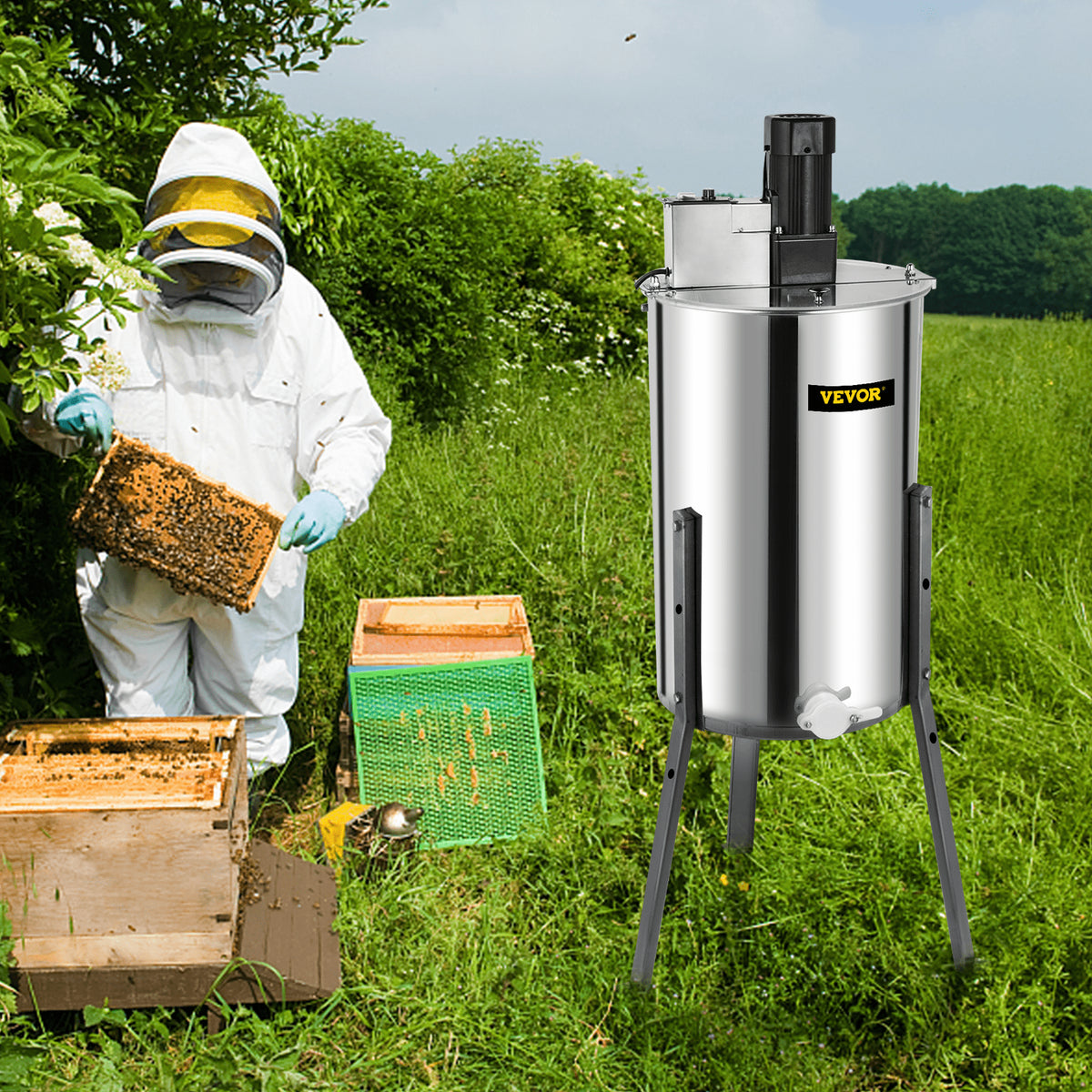 Electric Honey Extractor, 3 Frame Stainless Steel Bee Honey Spinner with Stand