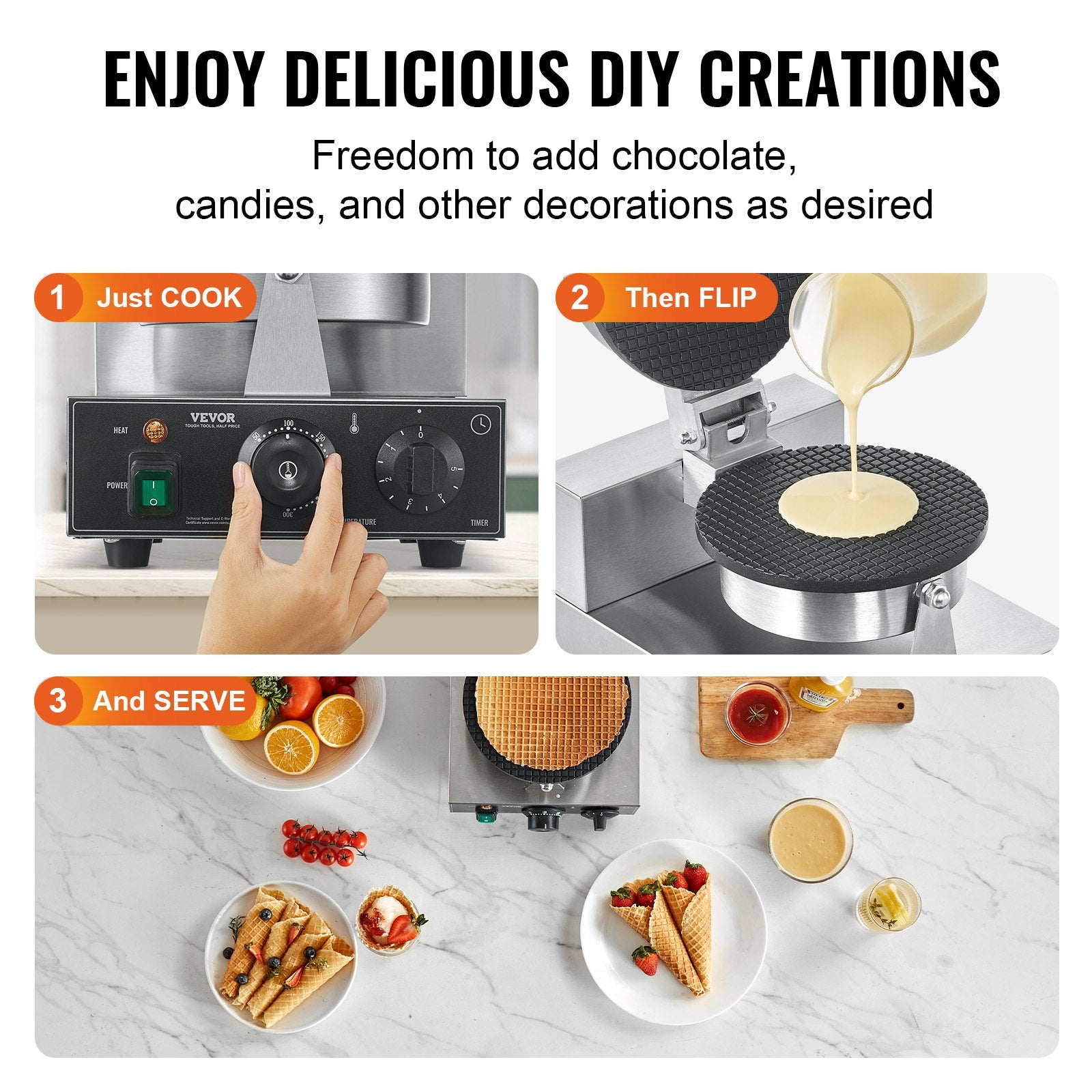 Electric Ice Cream Cone Maker 1230W Non-Stick Stainless Egg Roll Temp Control