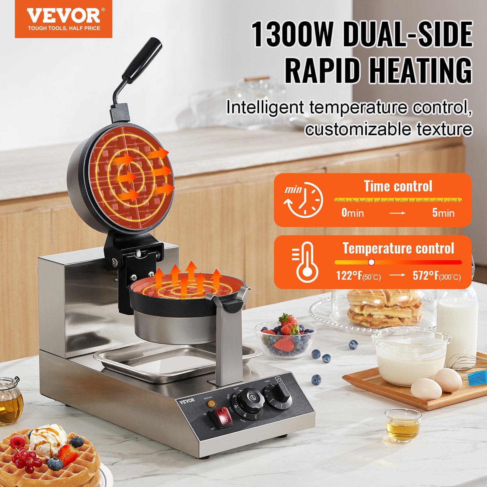 Commercial Waffle Maker 1300W Round Non-Stick Belgian Waffle Iron Temp Control