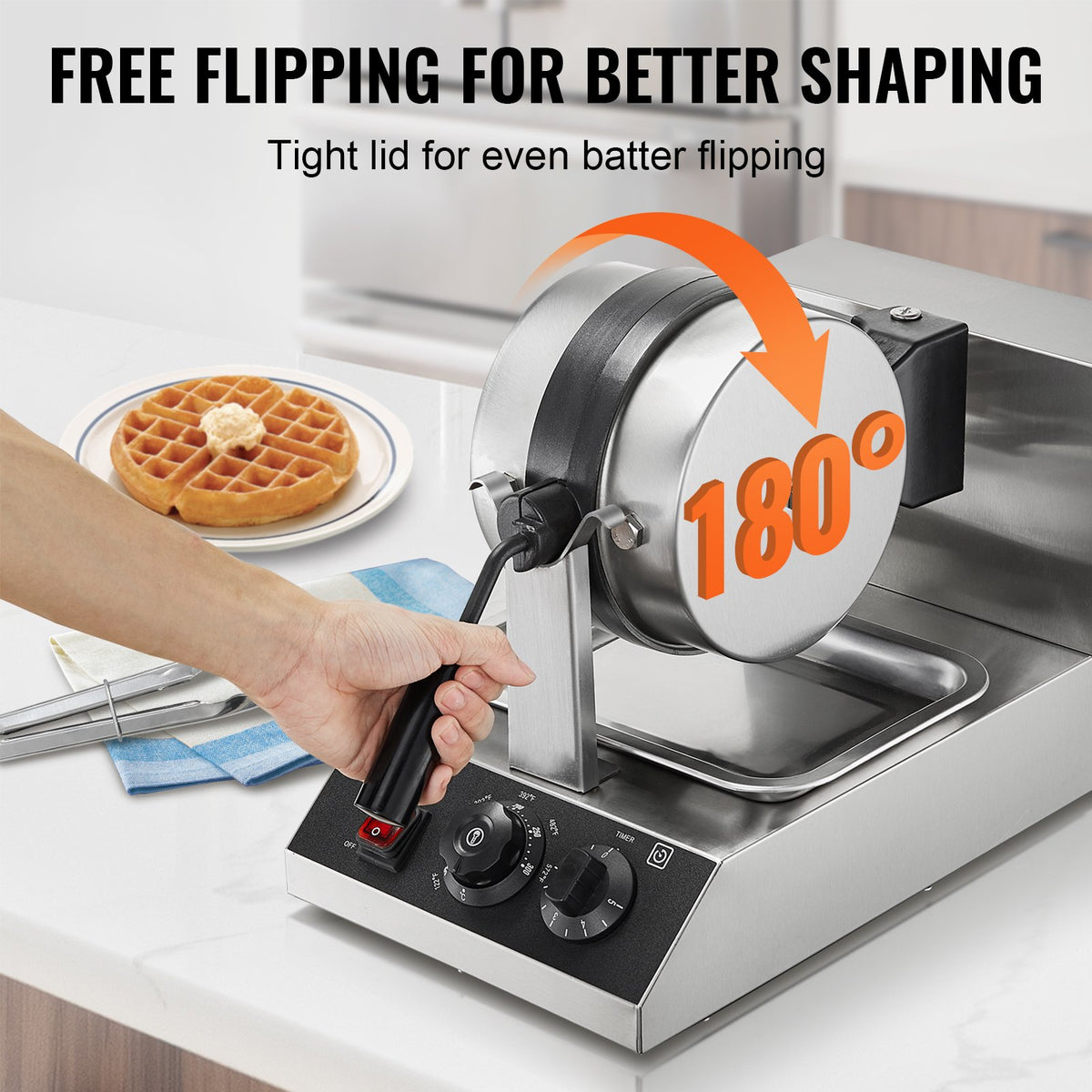 Commercial Waffle Maker 1300W Round Non-Stick Belgian Waffle Iron Temp Control