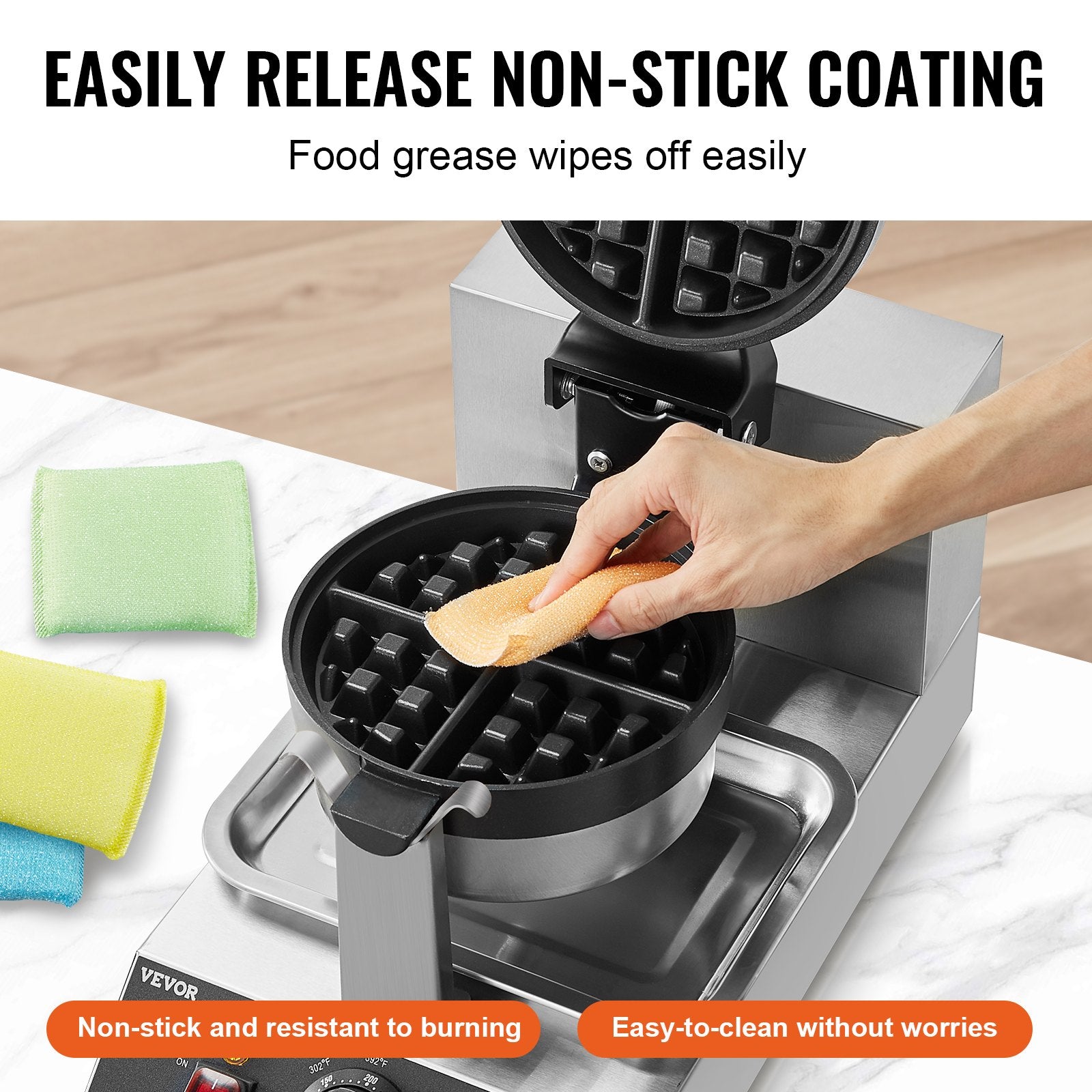 Commercial Waffle Maker 1300W Round Non-Stick Belgian Waffle Iron Temp Control