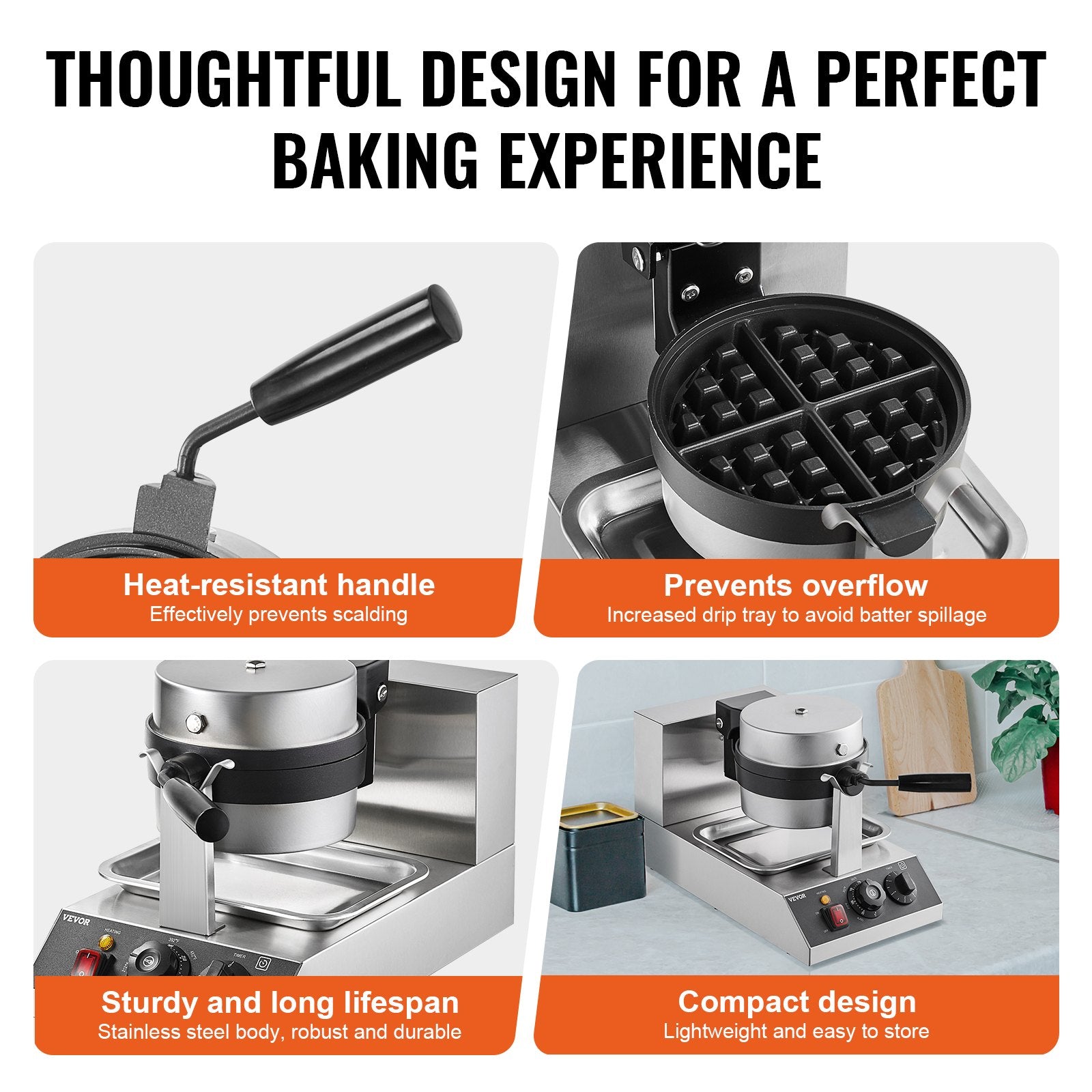 Commercial Waffle Maker 1300W Round Non-Stick Belgian Waffle Iron Temp Control