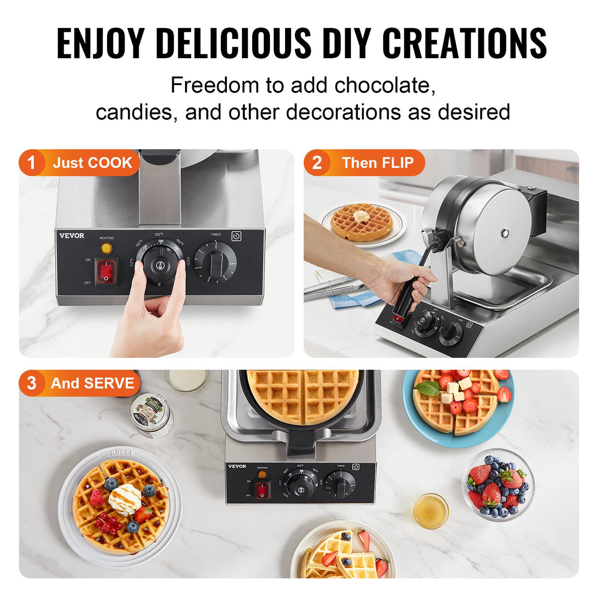 Commercial Waffle Maker 1300W Round Non-Stick Belgian Waffle Iron Temp Control