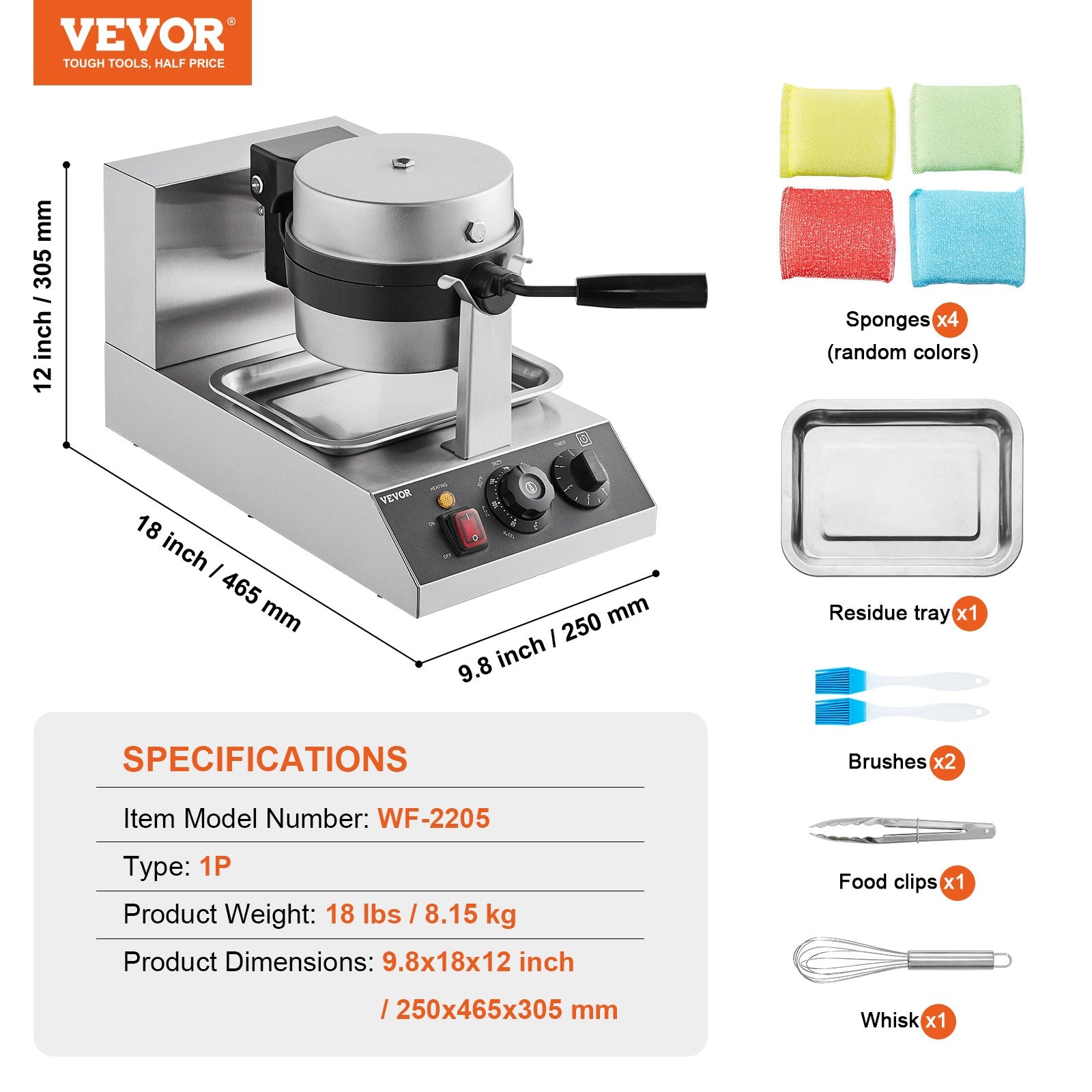 Commercial Waffle Maker 1300W Round Non-Stick Belgian Waffle Iron Temp Control