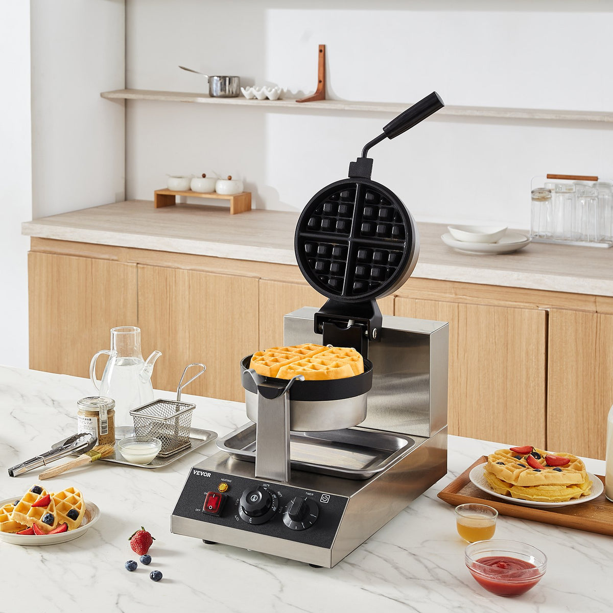 Commercial Waffle Maker 1300W Round Non-Stick Belgian Waffle Iron Temp Control