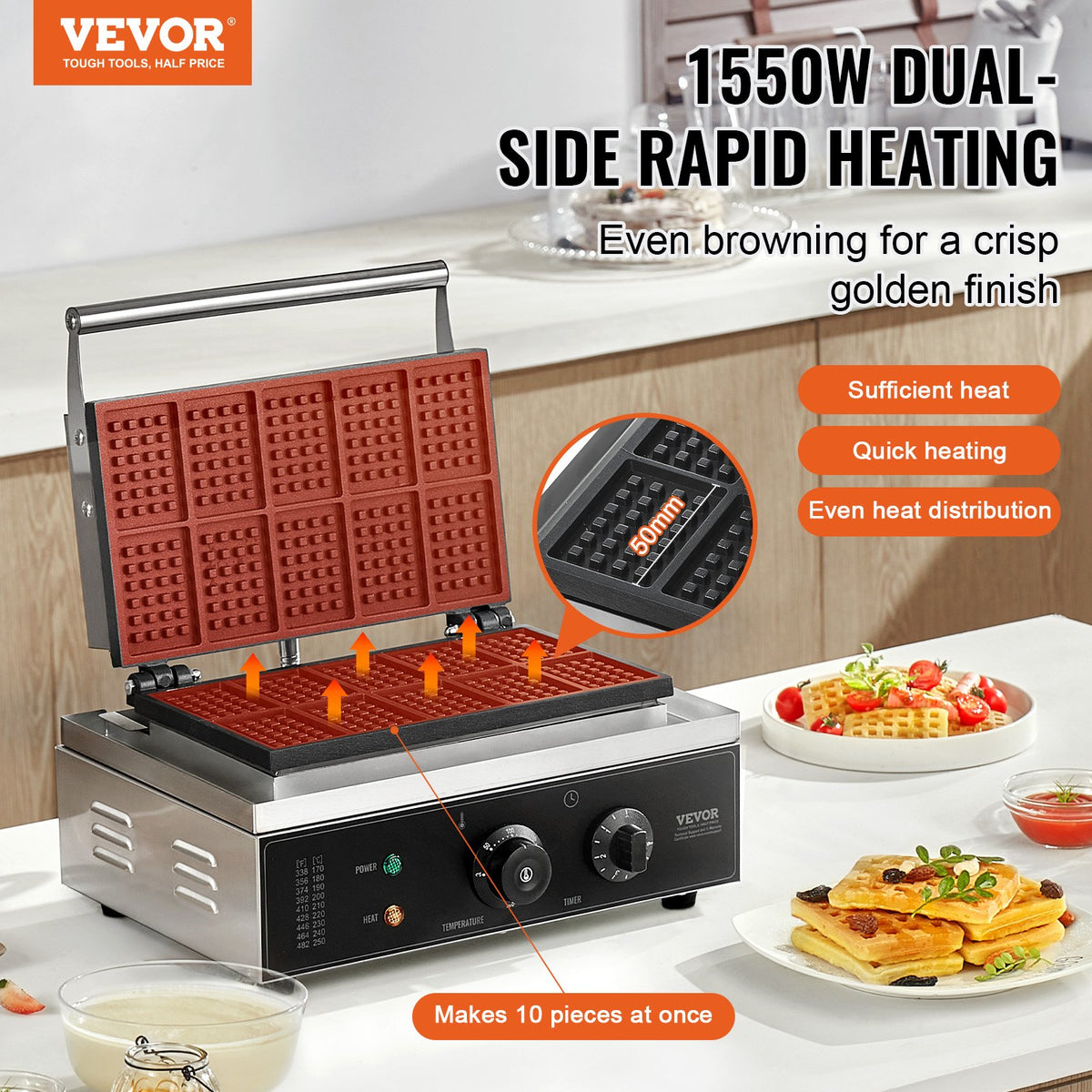 Commercial Waffle Maker 10PCS 1550W Non-Stick Belgian Waffle Iron Temp Control