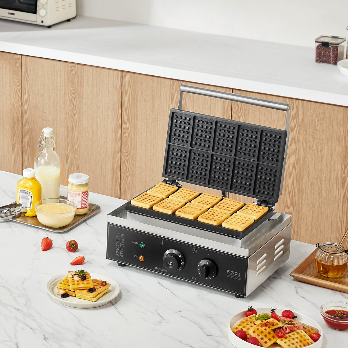 Commercial Waffle Maker 10PCS 1550W Non-Stick Belgian Waffle Iron Temp Control