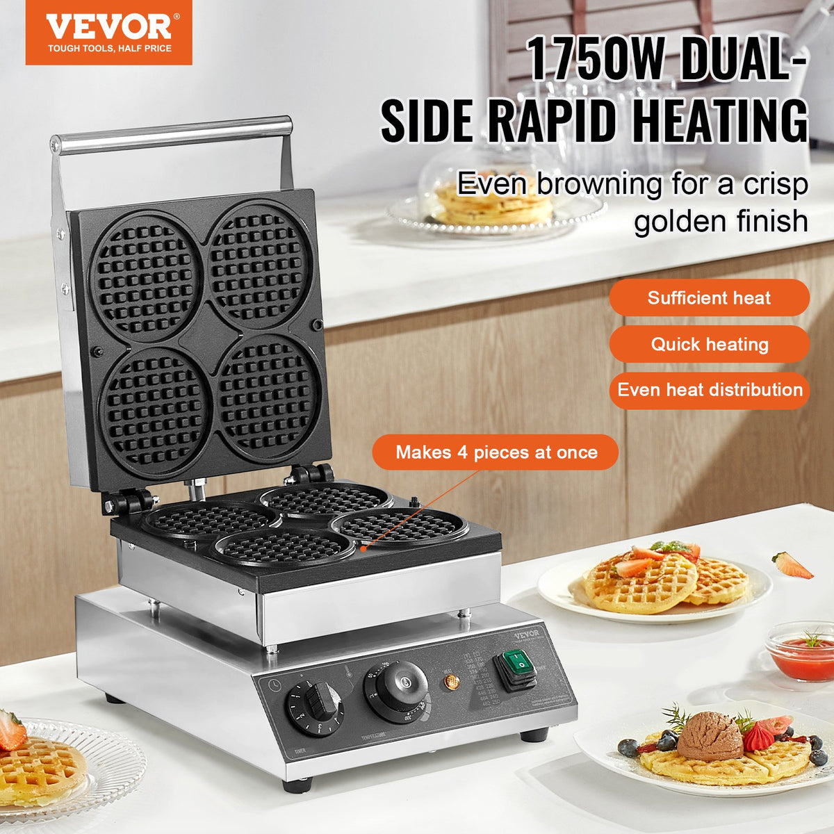 Commercial Waffle Maker 4PCS 1750W Non-Stick Stainless Belgian Waffle Iron Temp