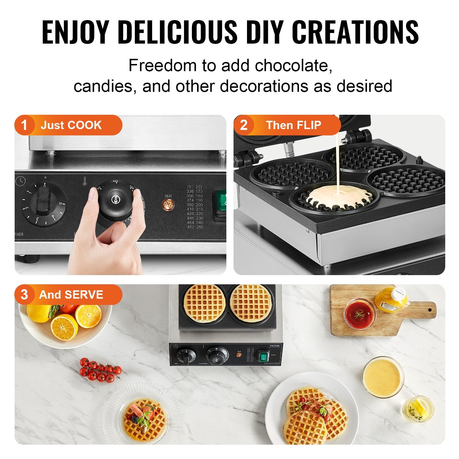 Commercial Waffle Maker 4PCS 1750W Non-Stick Stainless Belgian Waffle Iron Temp