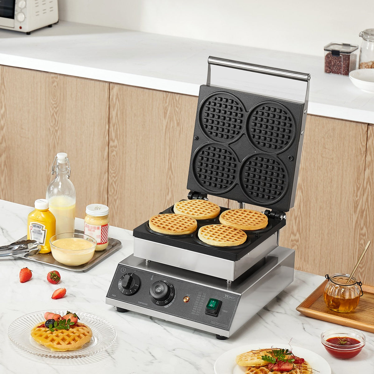 Commercial Waffle Maker 4PCS 1750W Non-Stick Stainless Belgian Waffle Iron Temp