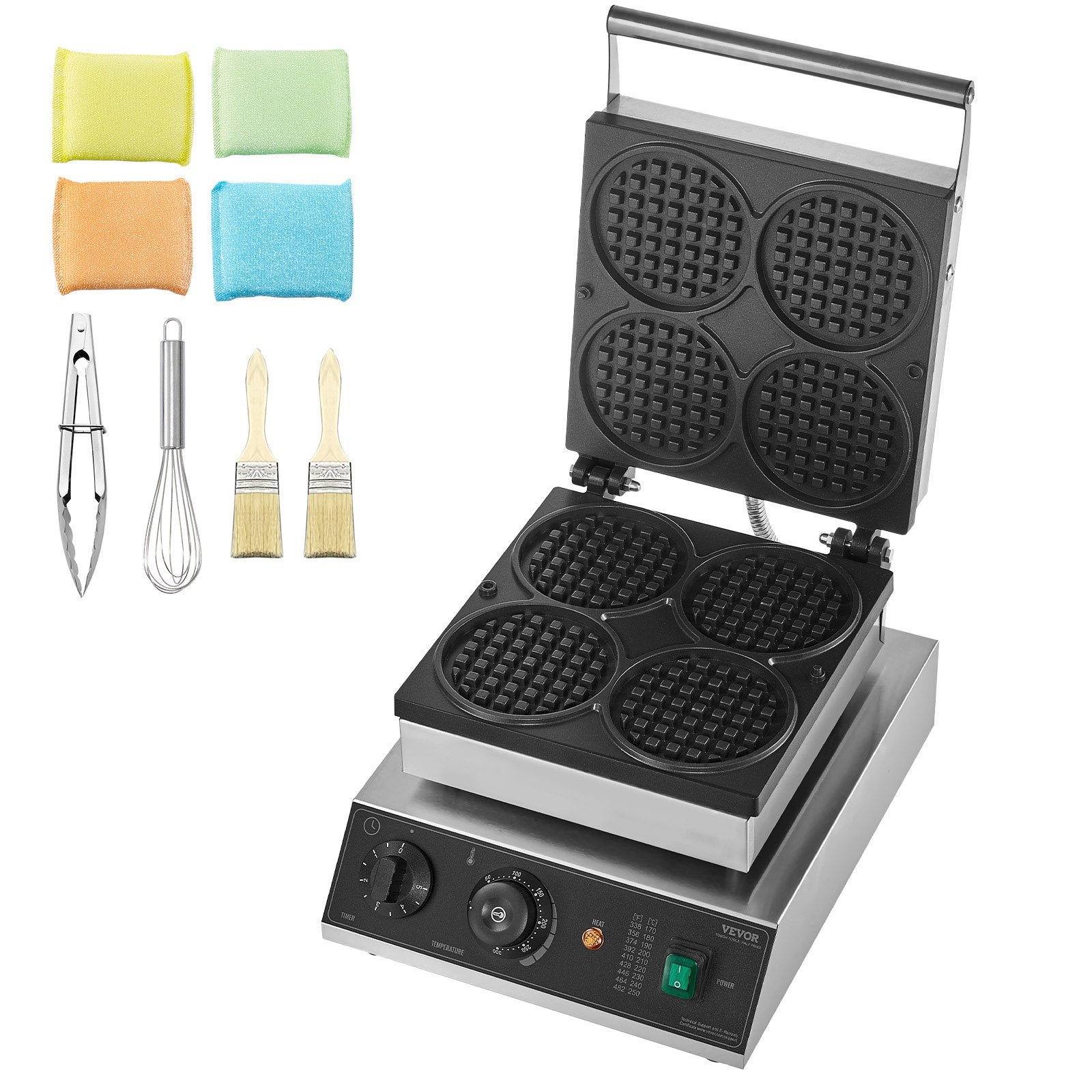 Commercial Waffle Maker 4PCS 1750W Non-Stick Stainless Belgian Waffle Iron Temp