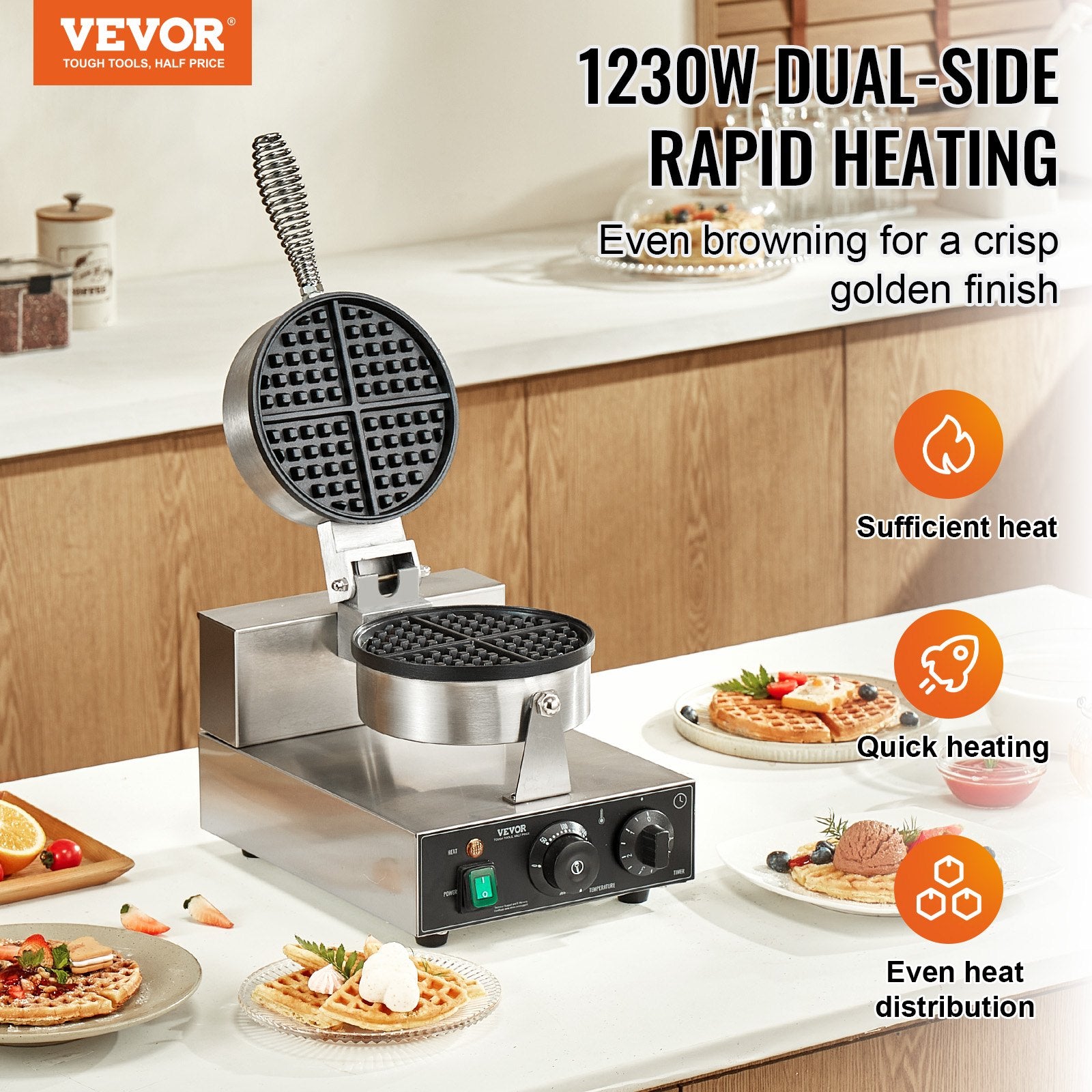Commercial Waffle Maker 1230W Round Non-Stick Belgian Waffle Iron Temp Control