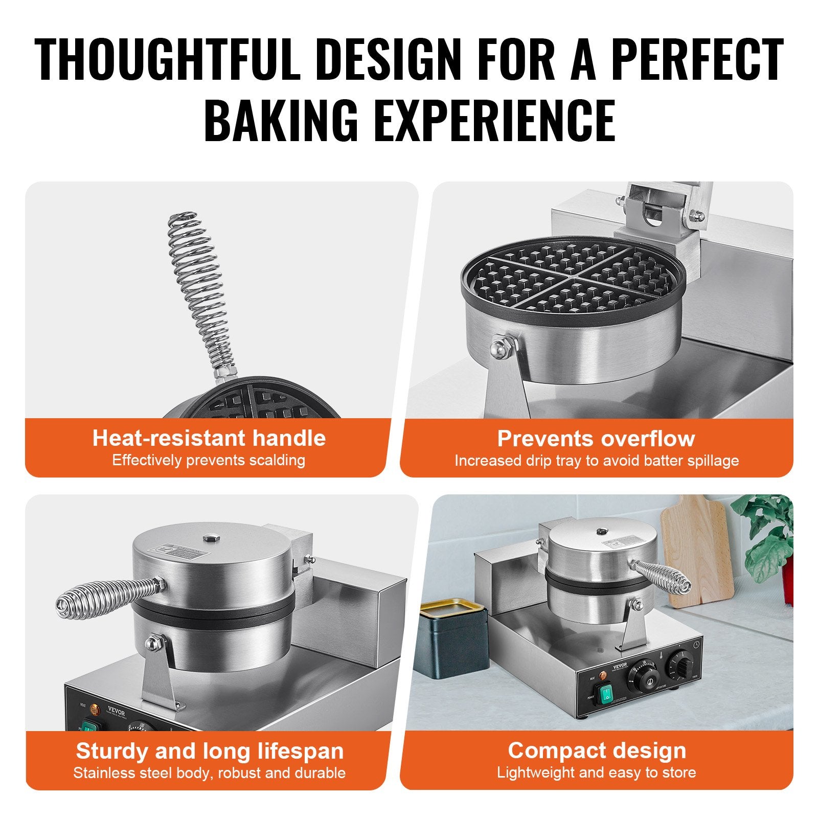 Commercial Waffle Maker 1230W Round Non-Stick Belgian Waffle Iron Temp Control