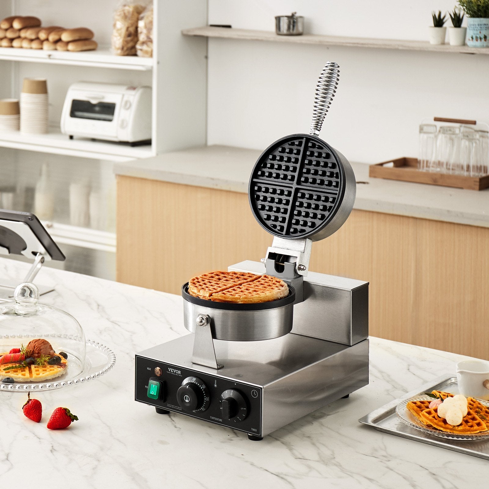 Commercial Waffle Maker 1230W Round Non-Stick Belgian Waffle Iron Temp Control