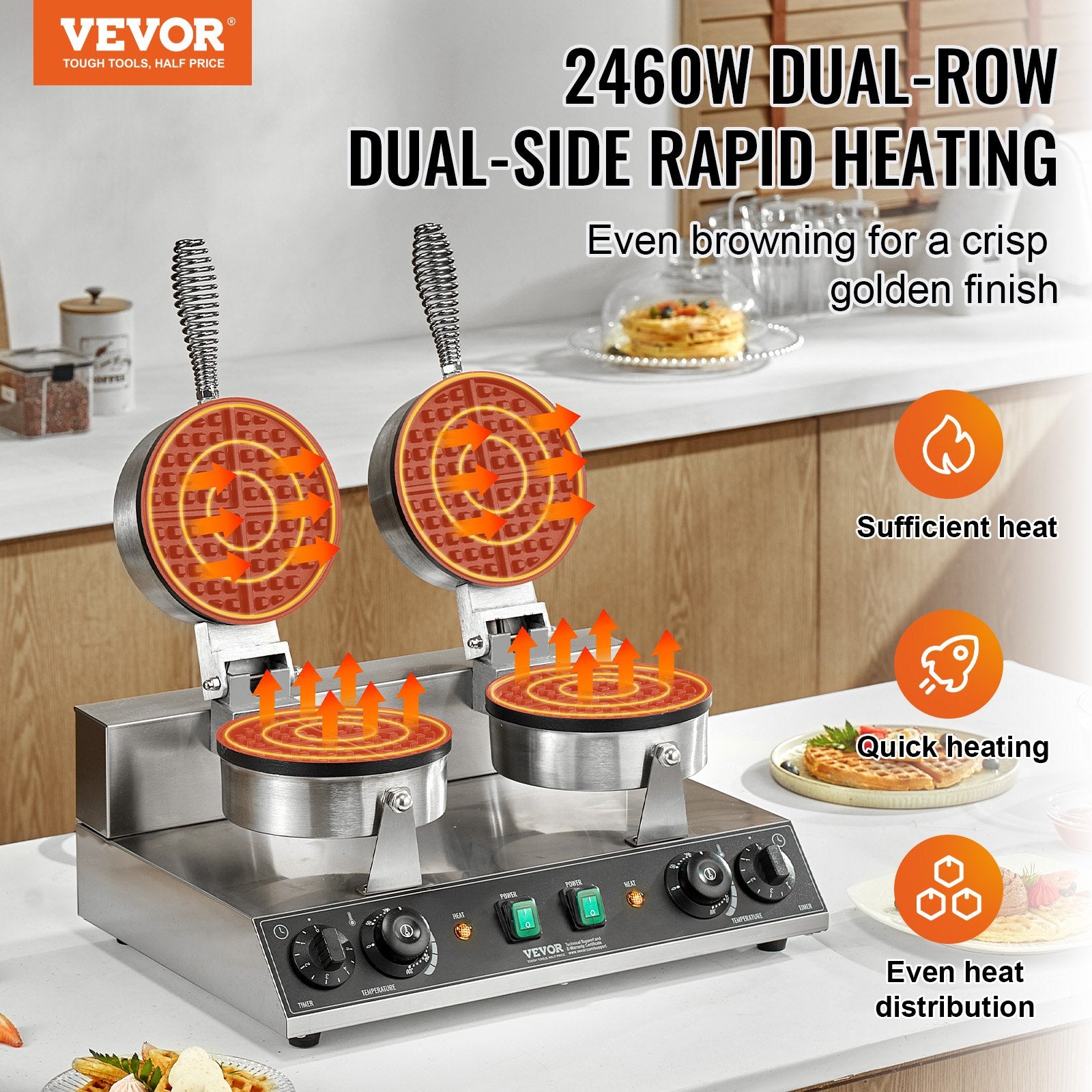 Commercial Waffle Maker Dual-Head 2460W, Non-Stick Stainless Belgian Waffle Iron