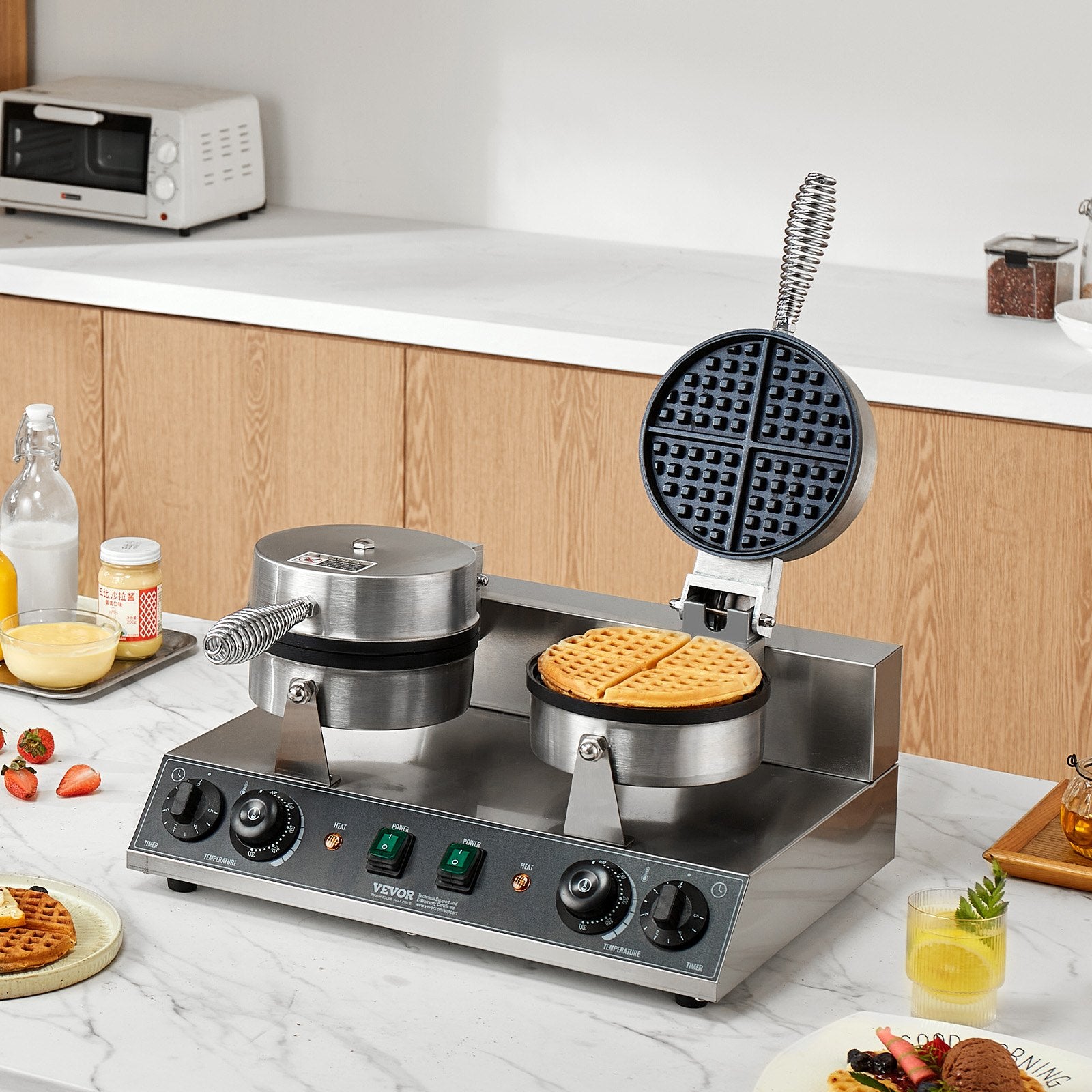 Commercial Waffle Maker Dual-Head 2460W, Non-Stick Stainless Belgian Waffle Iron